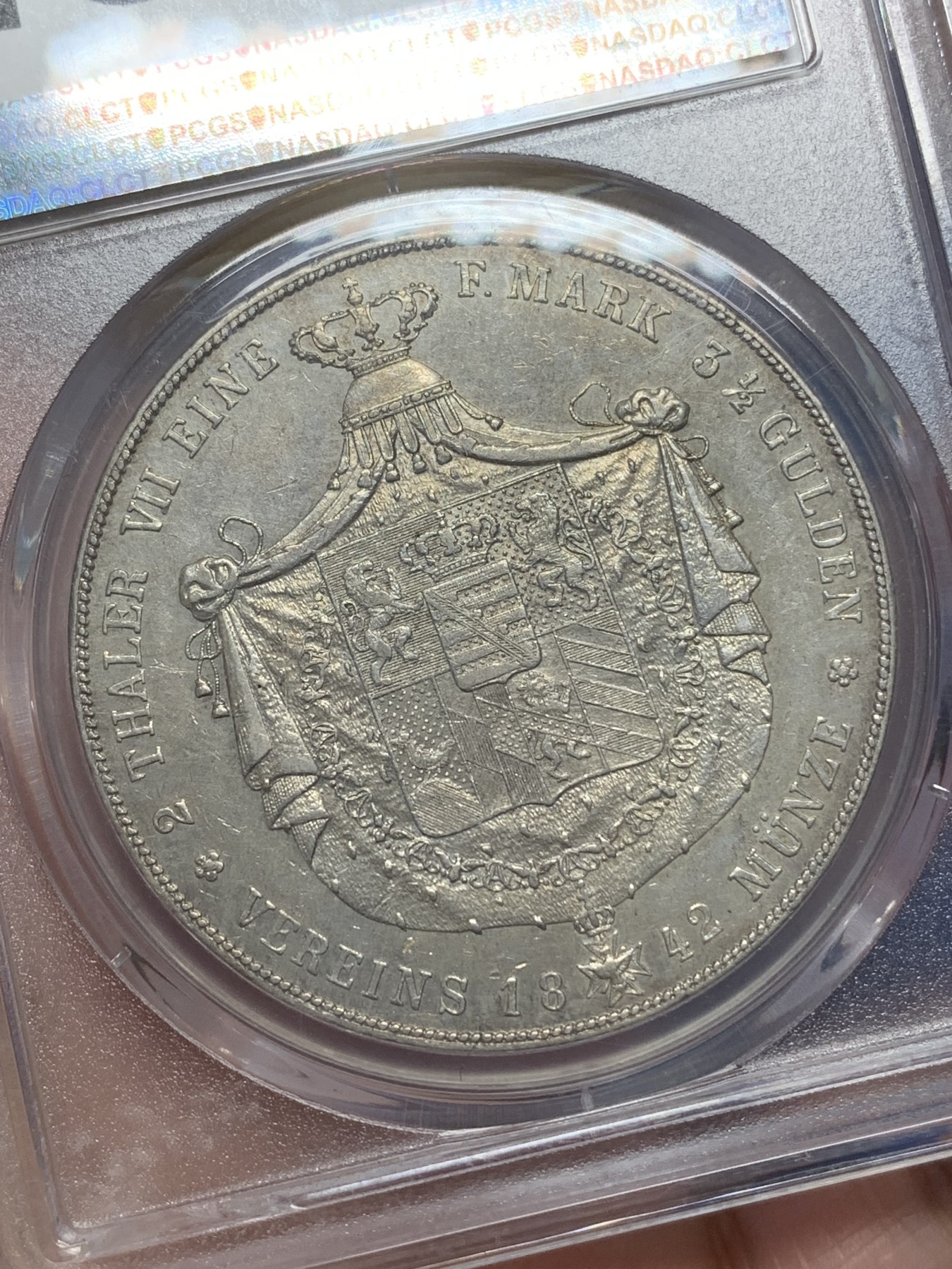 《竞宝斋》第216场-周日，周一 2场 (全场包邮) PCGS AU50 德国 1842 萨克森-魏玛-艾森纳赫2泰勒 十分少见的小邦品种， 底板平整细节保存的非常好