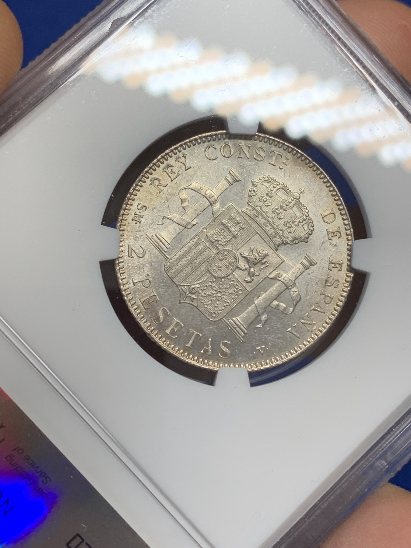 《竞宝斋》第216场-周日，周一 2场 (全场包邮) NGC-MS61 西班牙1905阿方索十三世2比塞塔银币