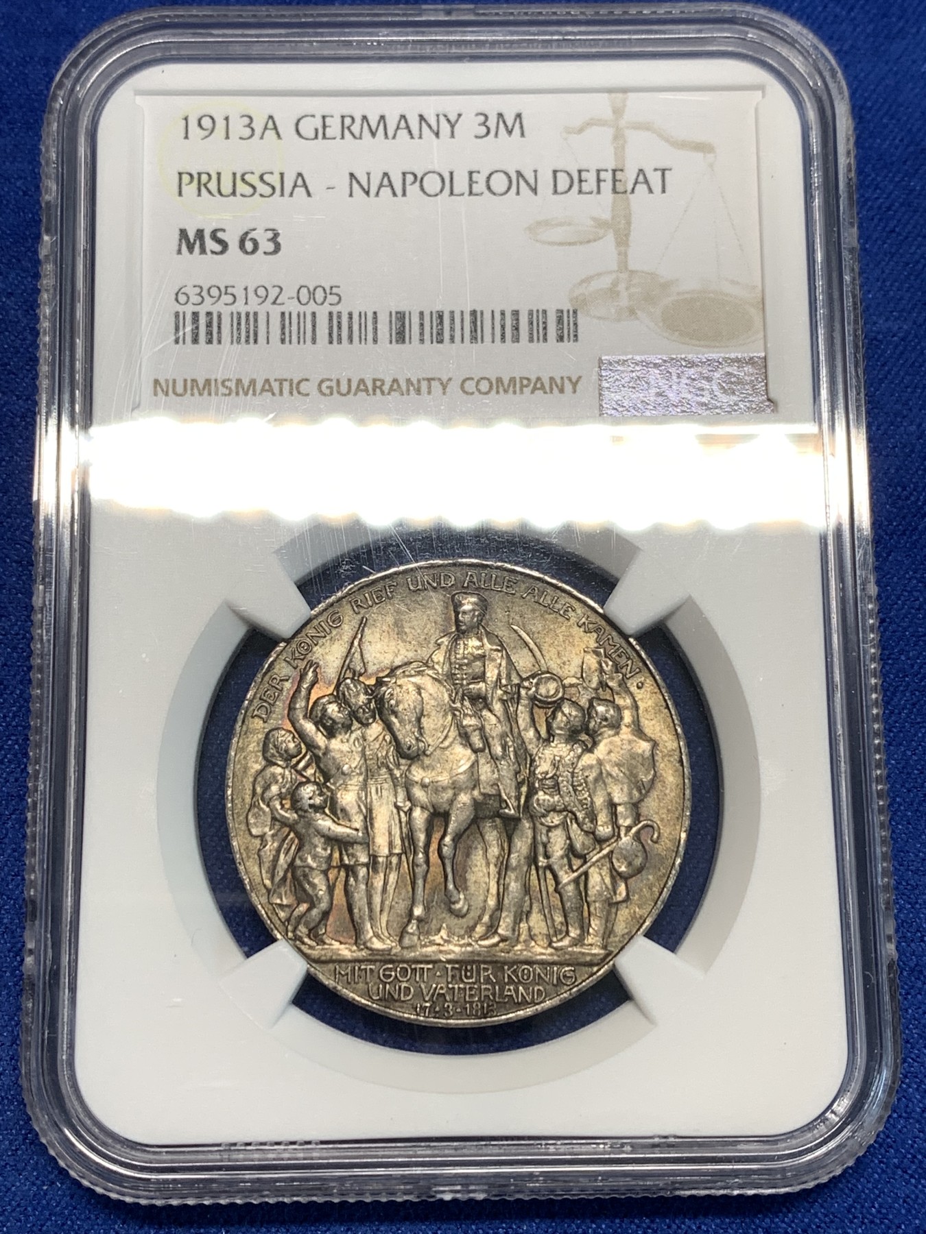 《竞宝斋》第216场-周日，周一 2场 (全场包邮) NGC MS63 德国 普鲁士 1913 战胜拿破仑 3马克银币 包浆好 细节也好