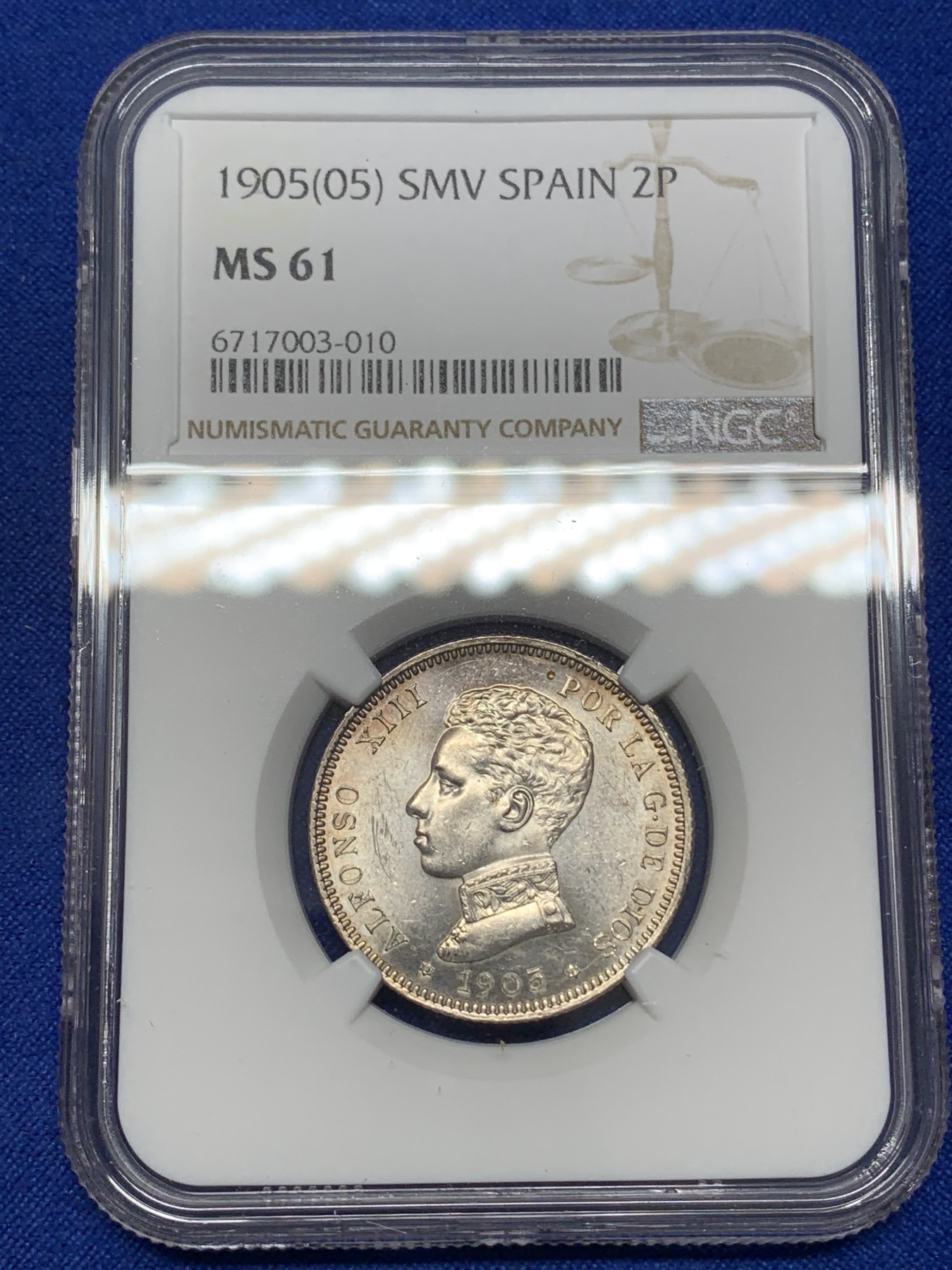 《竞宝斋》第216场-周日，周一 2场 (全场包邮) NGC-MS61 西班牙1905阿方索十三世2比塞塔银币