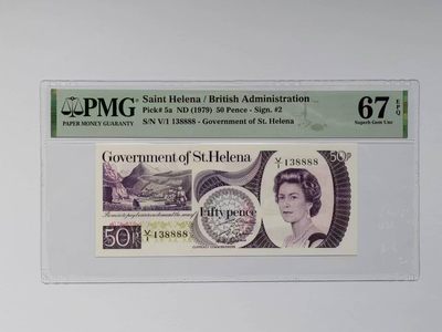豹子号888 圣赫勒拿50便士 1979年 女王钞 女王纸币 PMG67高分138888 一生发发发发 全新UNC - 豹子号888 圣赫勒拿50便士 1979年 女王钞 女王纸币 PMG67高分138888 一生发发发发 全新UNC