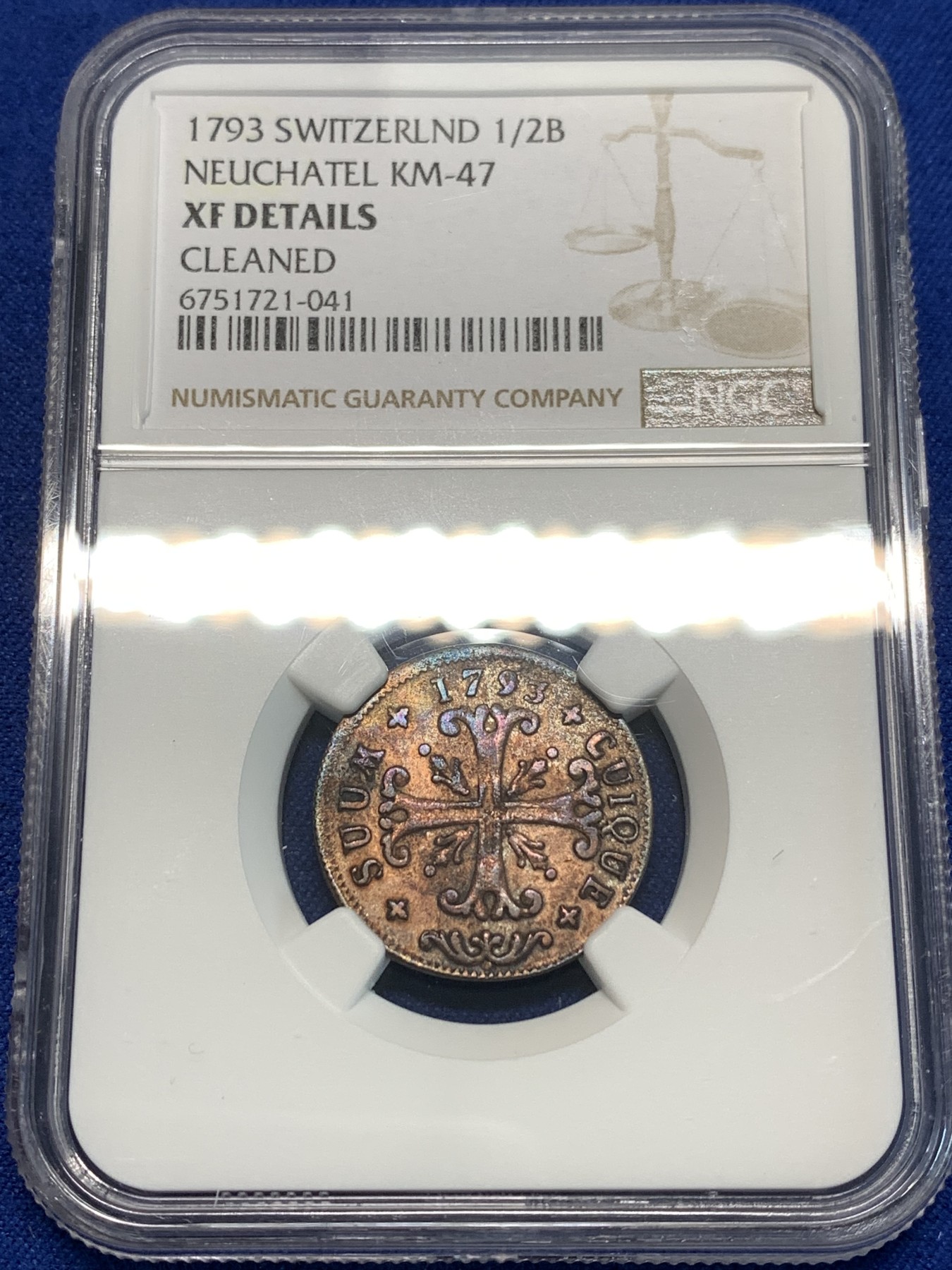 《竞宝斋》第216场-周日，周一 2场 (全场包邮) NGC XFD 1793年瑞士1/2B铜币