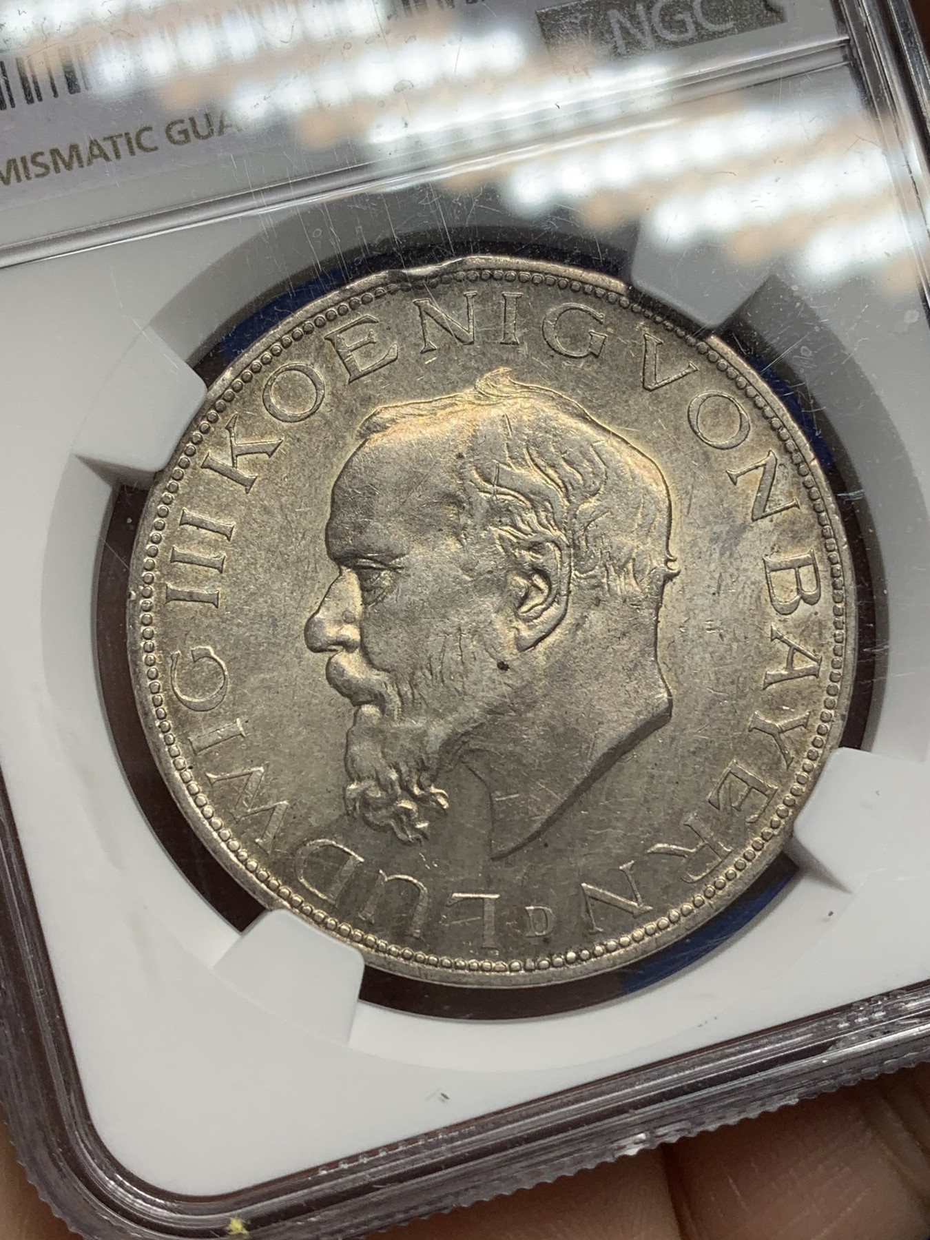 《竞宝斋》第216场-周日，周一 2场 (全场包邮) NGC-UNCD 德国 1914年 巴伐利亚路德维希 5马克银币 黄油包浆,可惜边道有点磕,币面状态和62,63差不多