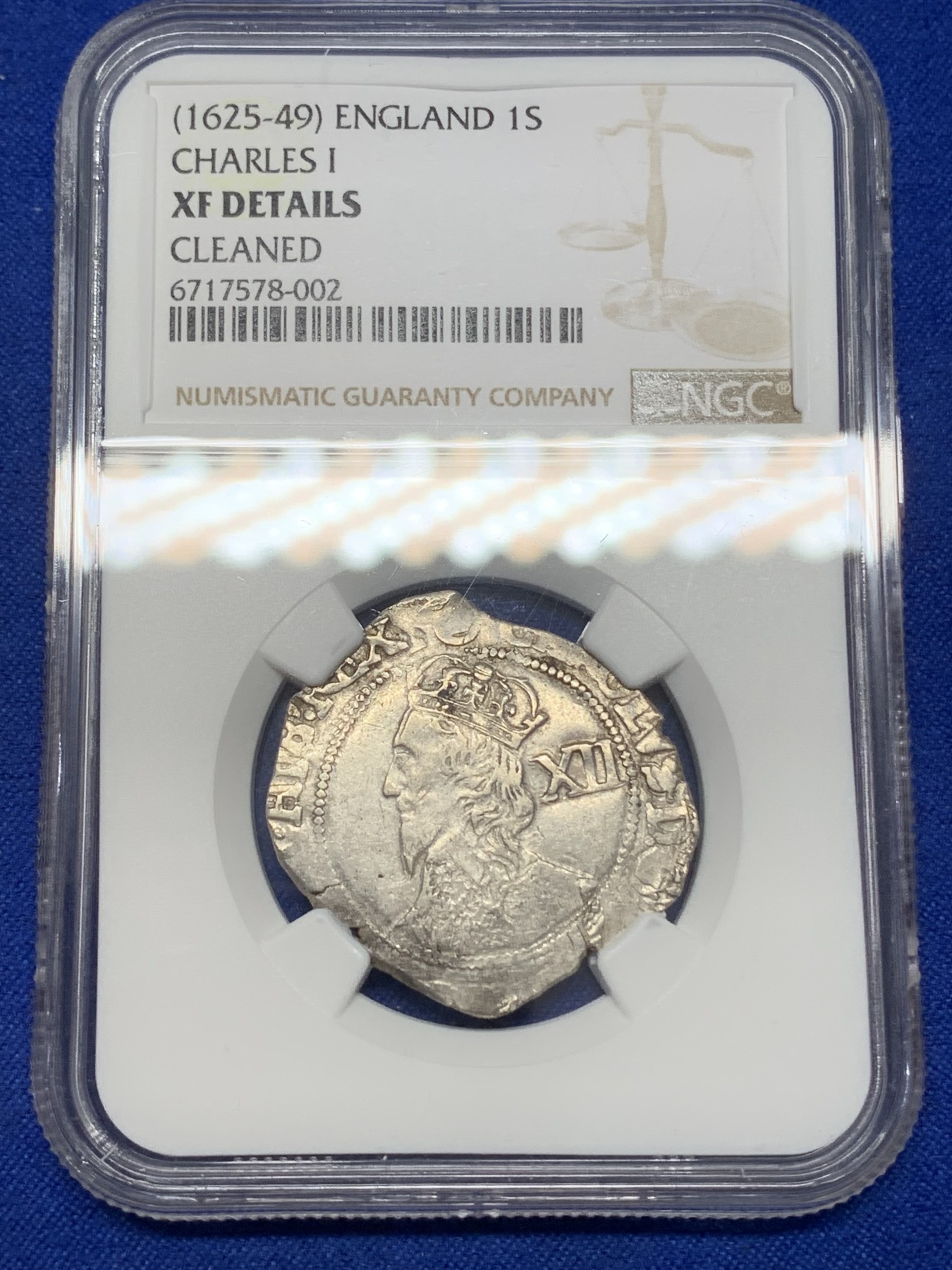 《竞宝斋》第216场-周日，周一 2场 (全场包邮) NGC-XF 英格兰1625-1649年 查理一世1先令银币 人像面和盾徽面打制非常清晰，基本没有弱打，十分难得，NGC严评最少是AU的状态
