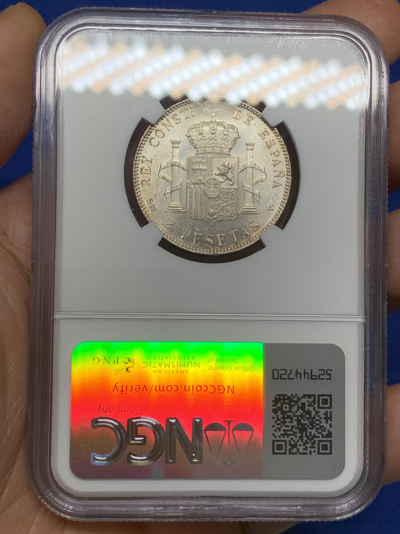《竞宝斋》第216场-周日，周一 2场 (全场包邮) NGC-MS61 西班牙1905阿方索十三世2比塞塔银币