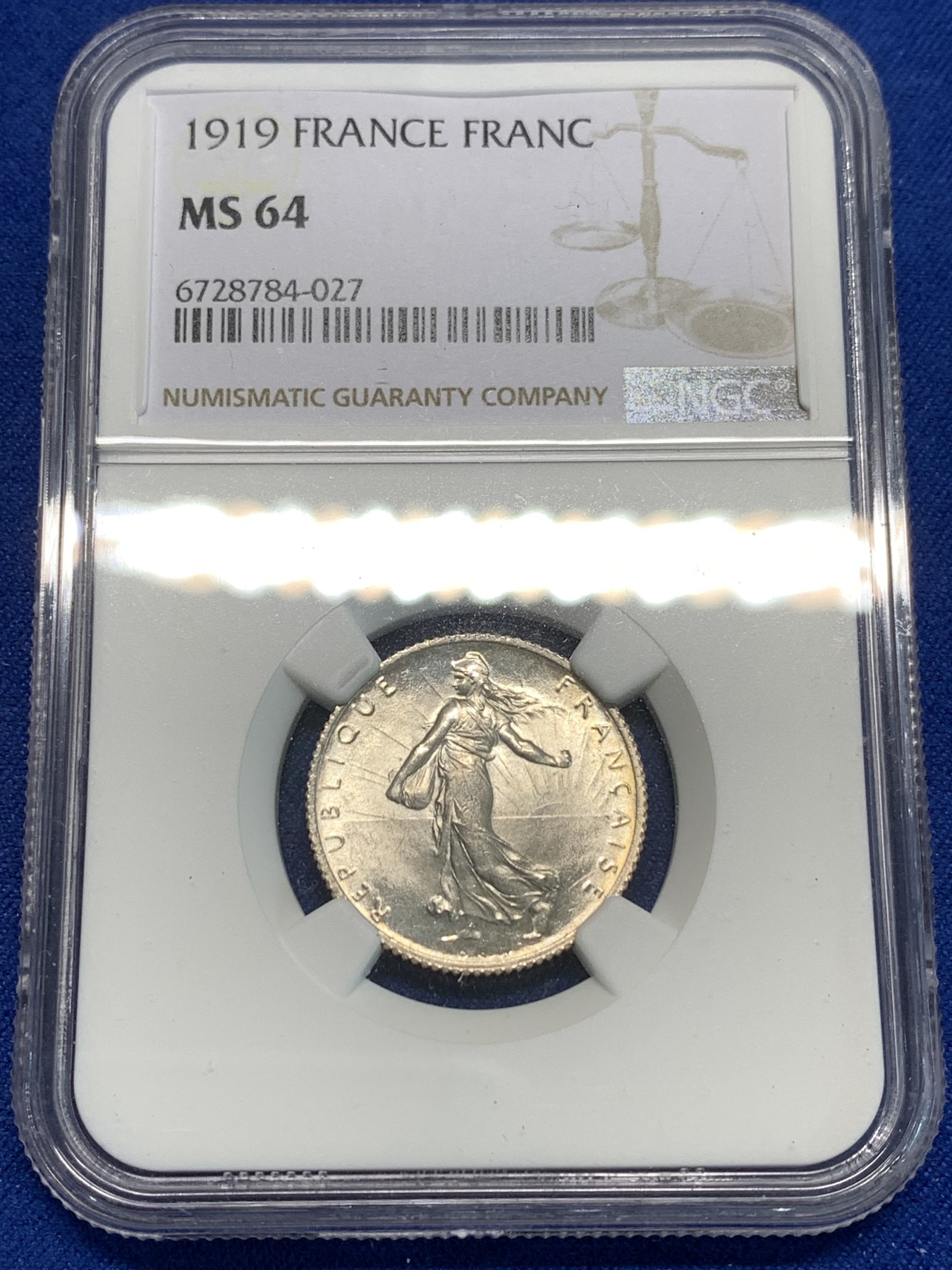 《竞宝斋》第216场-周日，周一 2场 (全场包邮) NGC-MS64 法国1919年播种女神1法郎银币