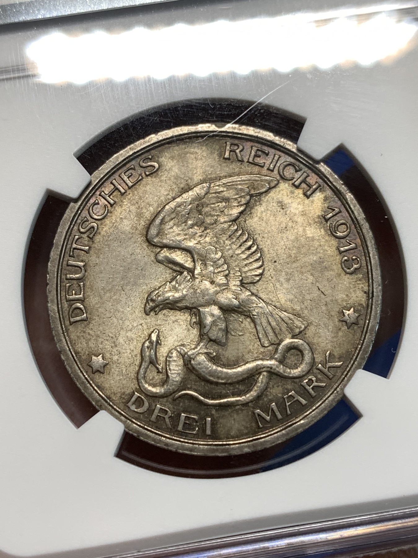《竞宝斋》第216场-周日，周一 2场 (全场包邮) NGC MS63 德国 普鲁士 1913 战胜拿破仑 3马克银币 包浆好 细节也好