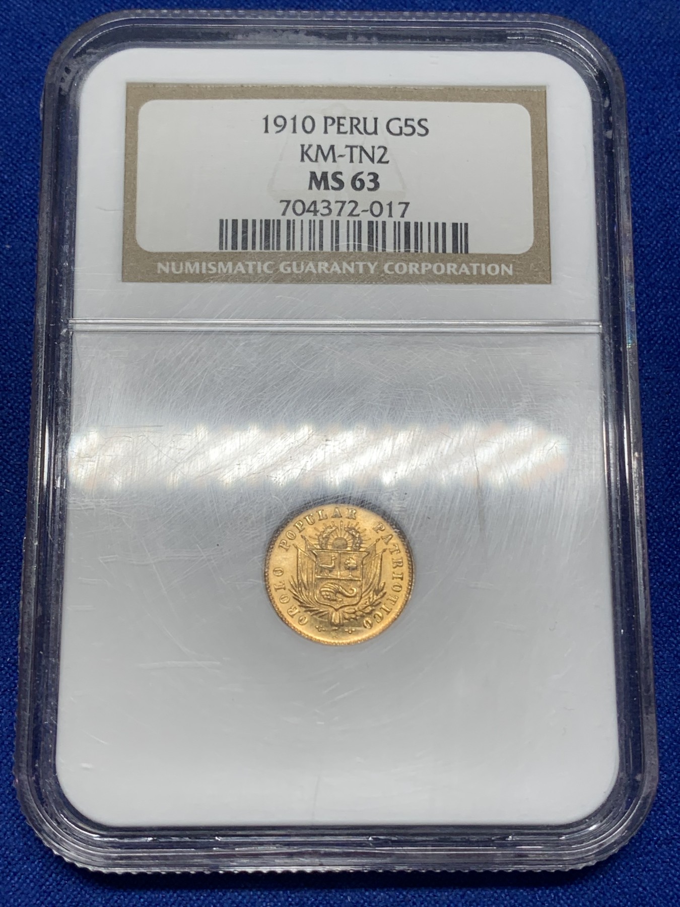 《竞宝斋》第216场-周日，周一 2场 (全场包邮) NGC-MS63 秘鲁 1910年5SOLES金币 少见品种 早期老盒严评