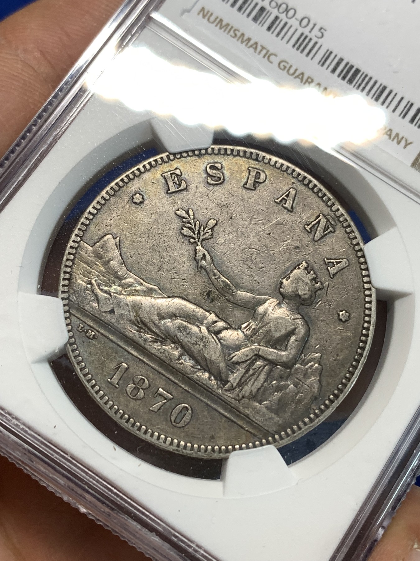 《竞宝斋》第216场-周日，周一 2场 (全场包邮) NGC VF35 西班牙1870年拿花5比塞塔大银币
