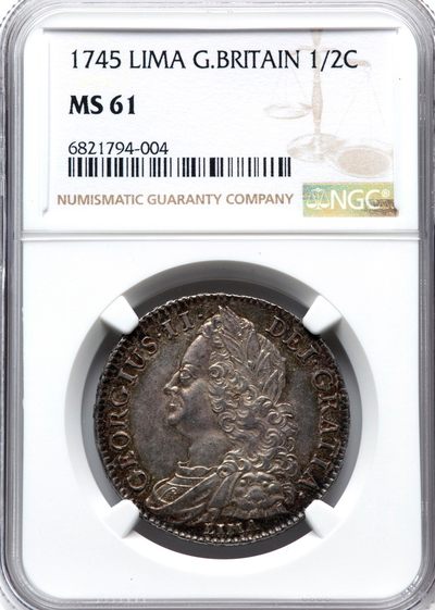 【Blue Auction】✨世界纸币精拍第394期【精】 - 【Lima版高分 POP2/4 升值品种】英国 乔治二世 1745利马版首年1/2克朗 NGC MS61 动人浓郁的深色包浆，转动呈现彩虹光泽非常漂亮，铸工有力，细节分明，该枚由安森上将指挥的英国舰队缴获的白银制成的，白银在被截获时正从秘鲁利马运往西班牙。当时，英国和西班牙正在进行詹金斯耳朵之战。该版本深受玩家欢迎。