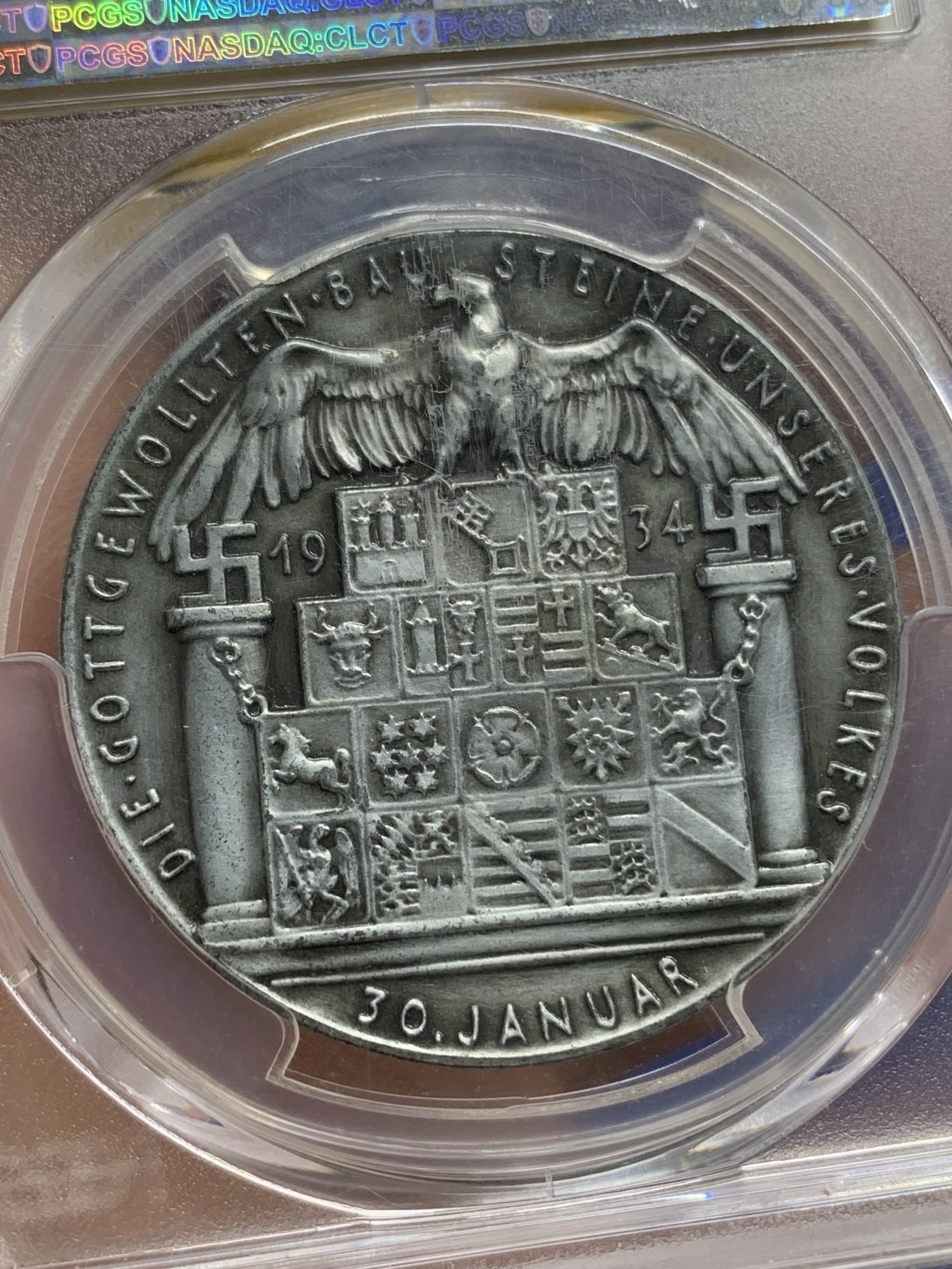 《竞宝斋》第216场-周日，周一 2场 (全场包邮) PCGS SP62 德意志1934第三帝国元首取消邦国制锌合金纪念章！官网唯一亚军分，很少见的品种！