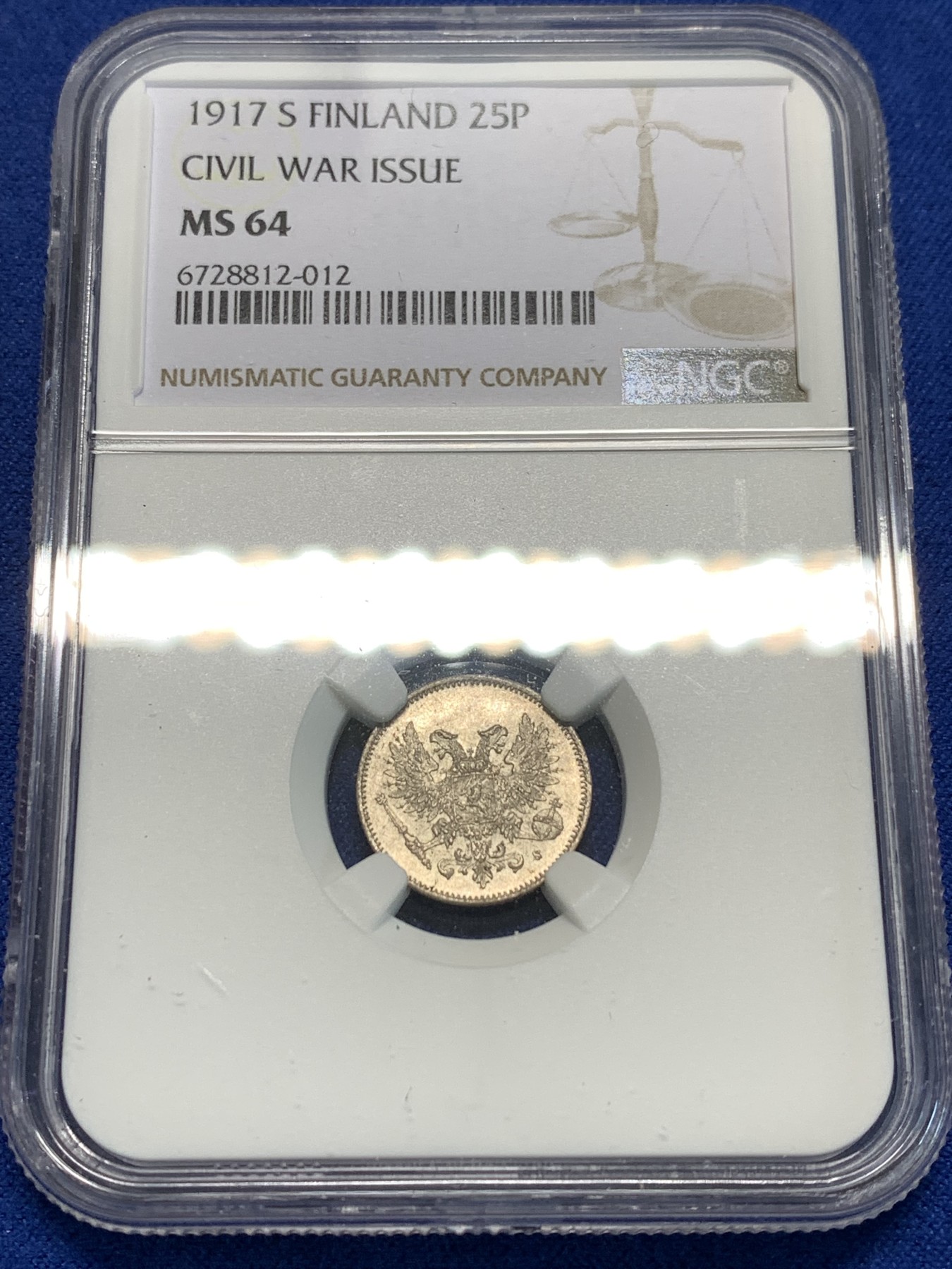 《竞宝斋》第216场-周日，周一 2场 (全场包邮) NGC MS64 俄占芬兰1917年25芬尼银币
