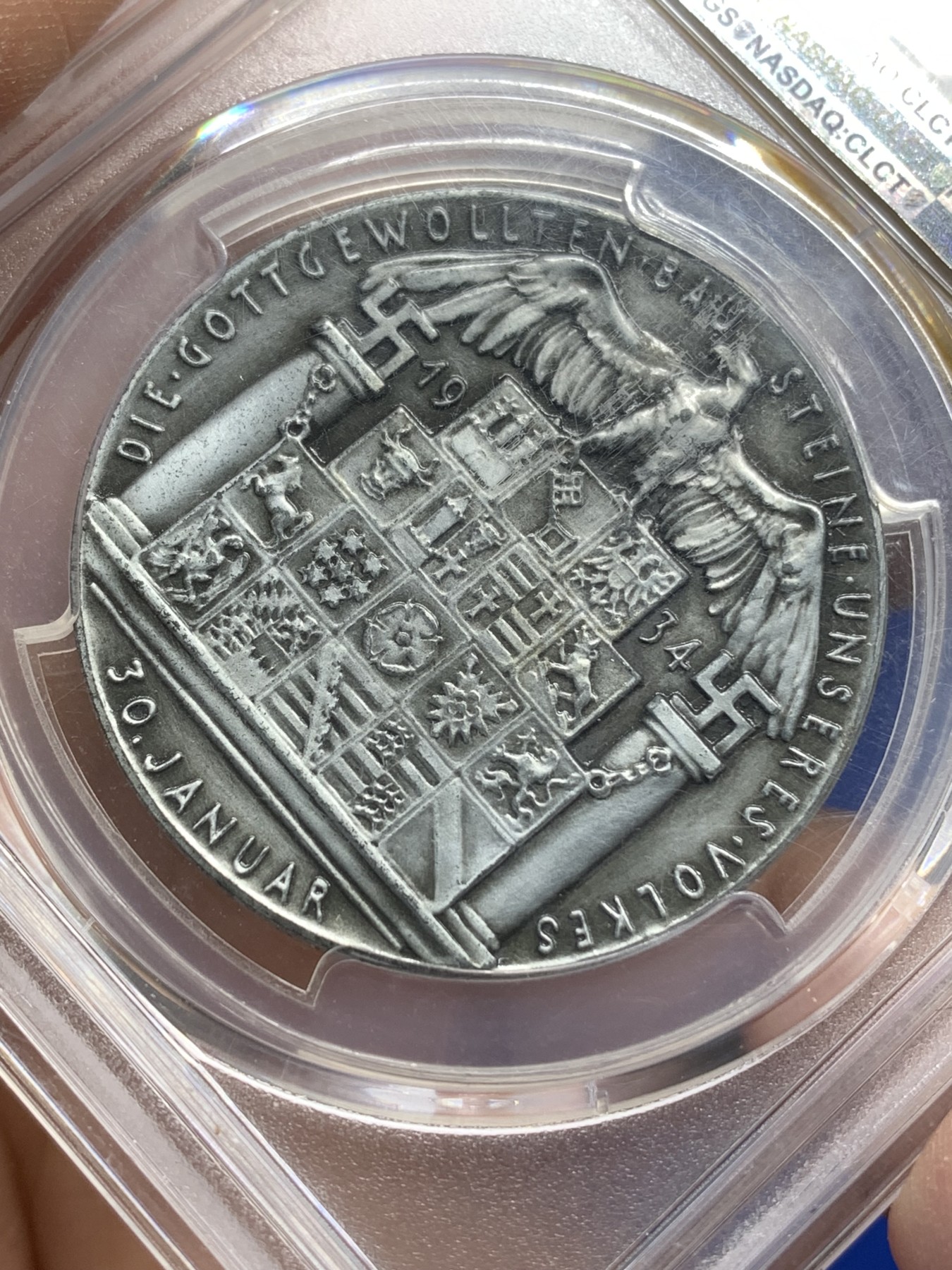 《竞宝斋》第216场-周日，周一 2场 (全场包邮) PCGS SP62 德意志1934第三帝国元首取消邦国制锌合金纪念章！官网唯一亚军分，很少见的品种！