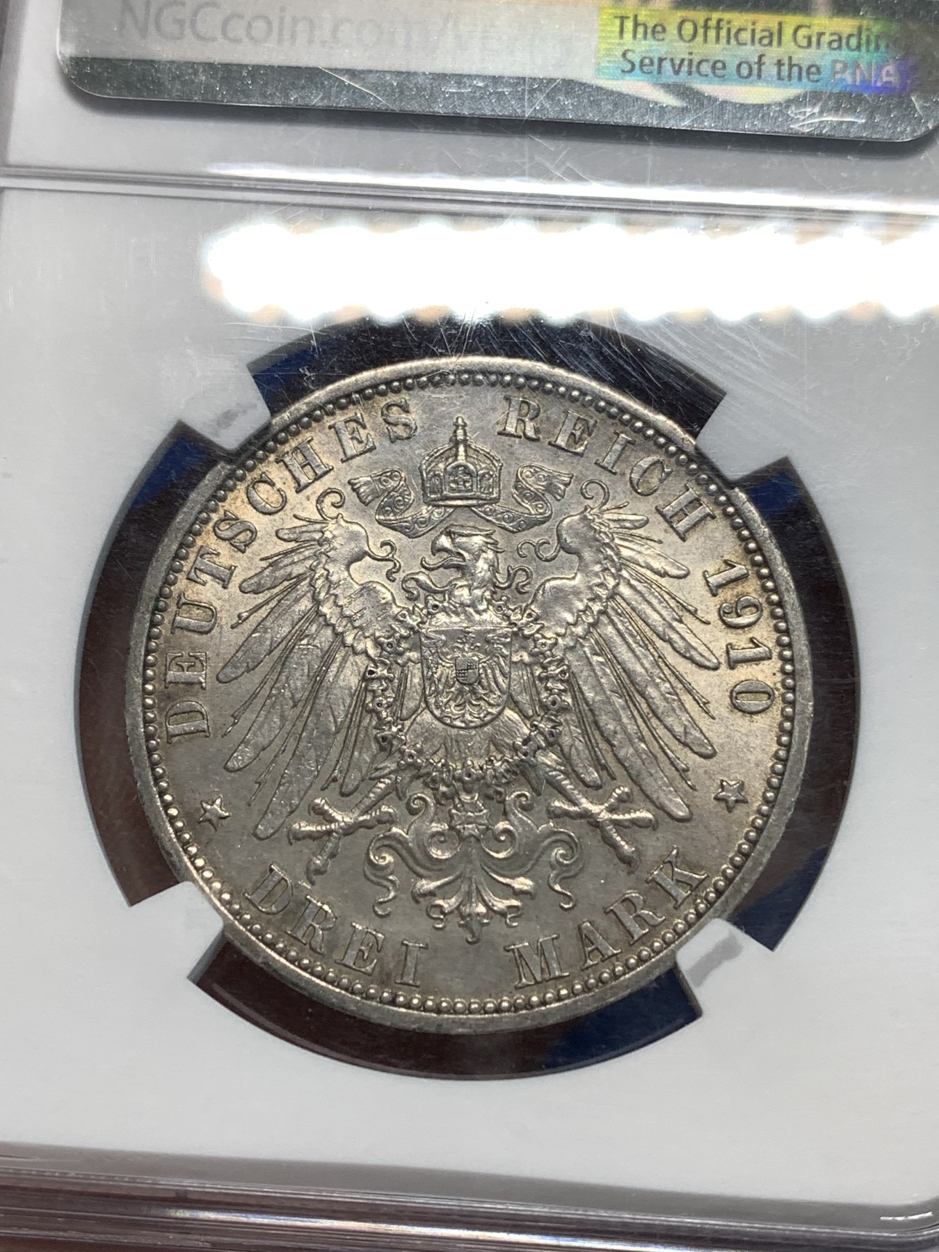 《竞宝斋》第216场-周日，周一 2场 (全场包邮) NGC-MS62 德国 1910年 普鲁士威廉二世3马克银币 大部分投入流通,ms的少见