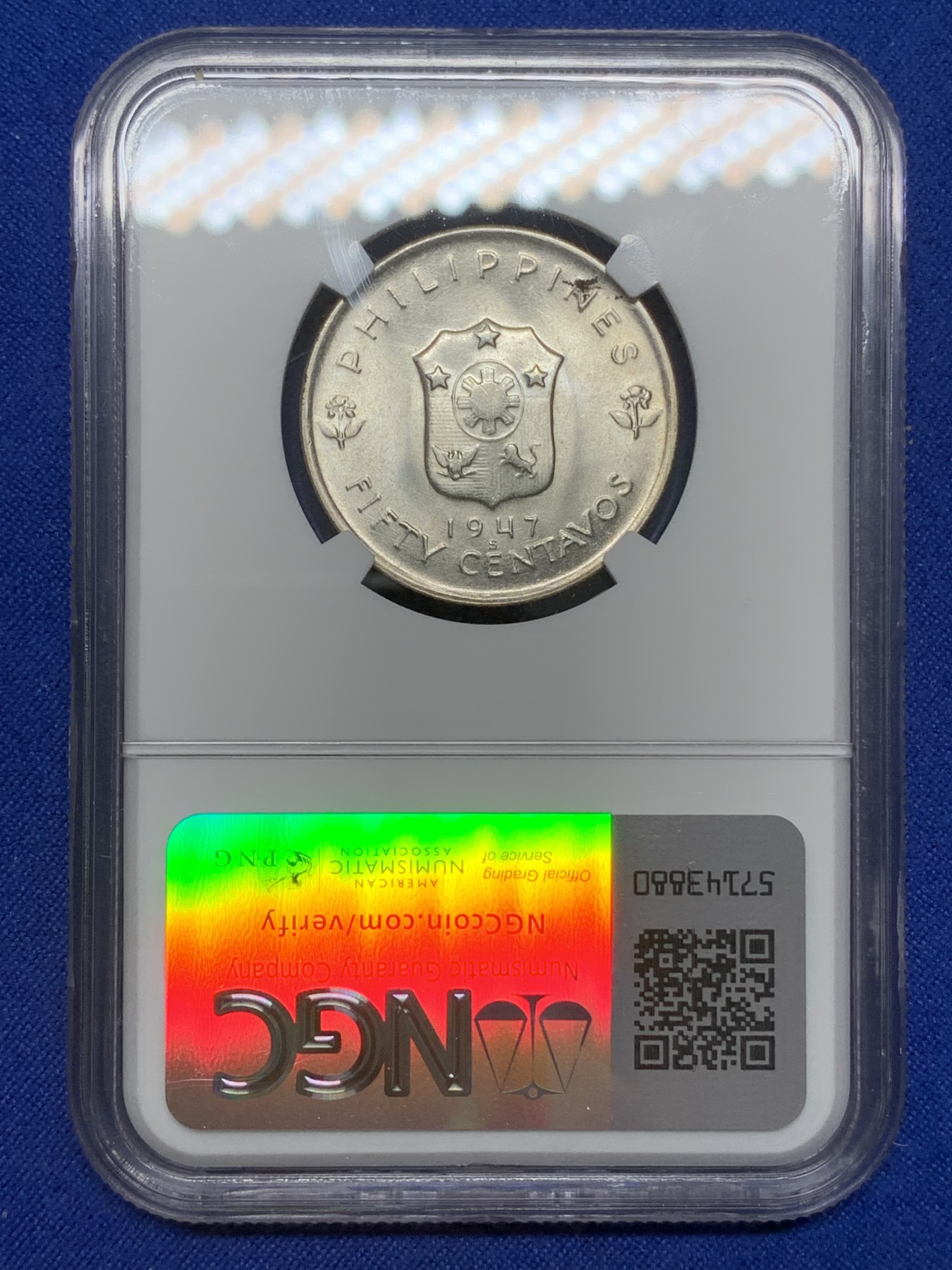 《竞宝斋》第216场-周日，周一 2场 (全场包邮) NGC-MS64 菲律宾 1947年S 麦克阿瑟将军 50分银币 卷拆高分完美状态 热门品种