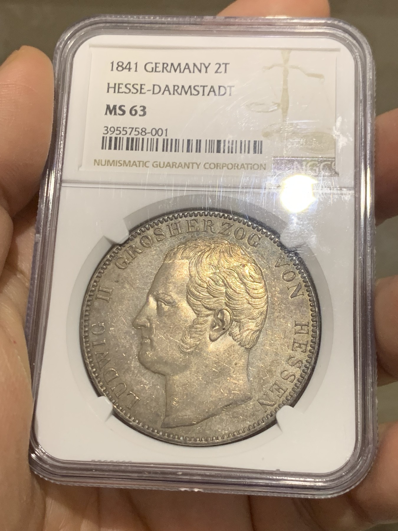 《竞宝斋》第216场-周日，周一 2场 (全场包邮) 冠军分 NGC-MS63  德国 黑森-达姆施塔特 1841年 2泰勒 大银币 （重达37克）PL底板闪亮品种