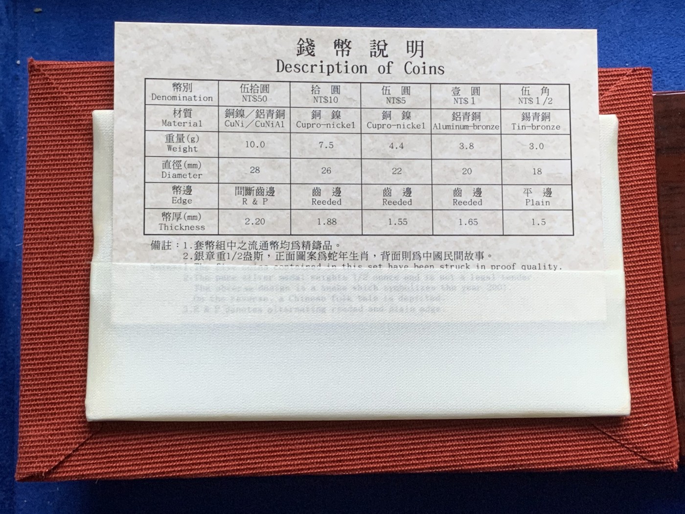 《竞宝斋》第216场-周日，周一 2场 (全场包邮) 台湾省民国九十年第一轮蛇年精致套币含二分之一盎司大银章 少见生肖 市场价四百多元