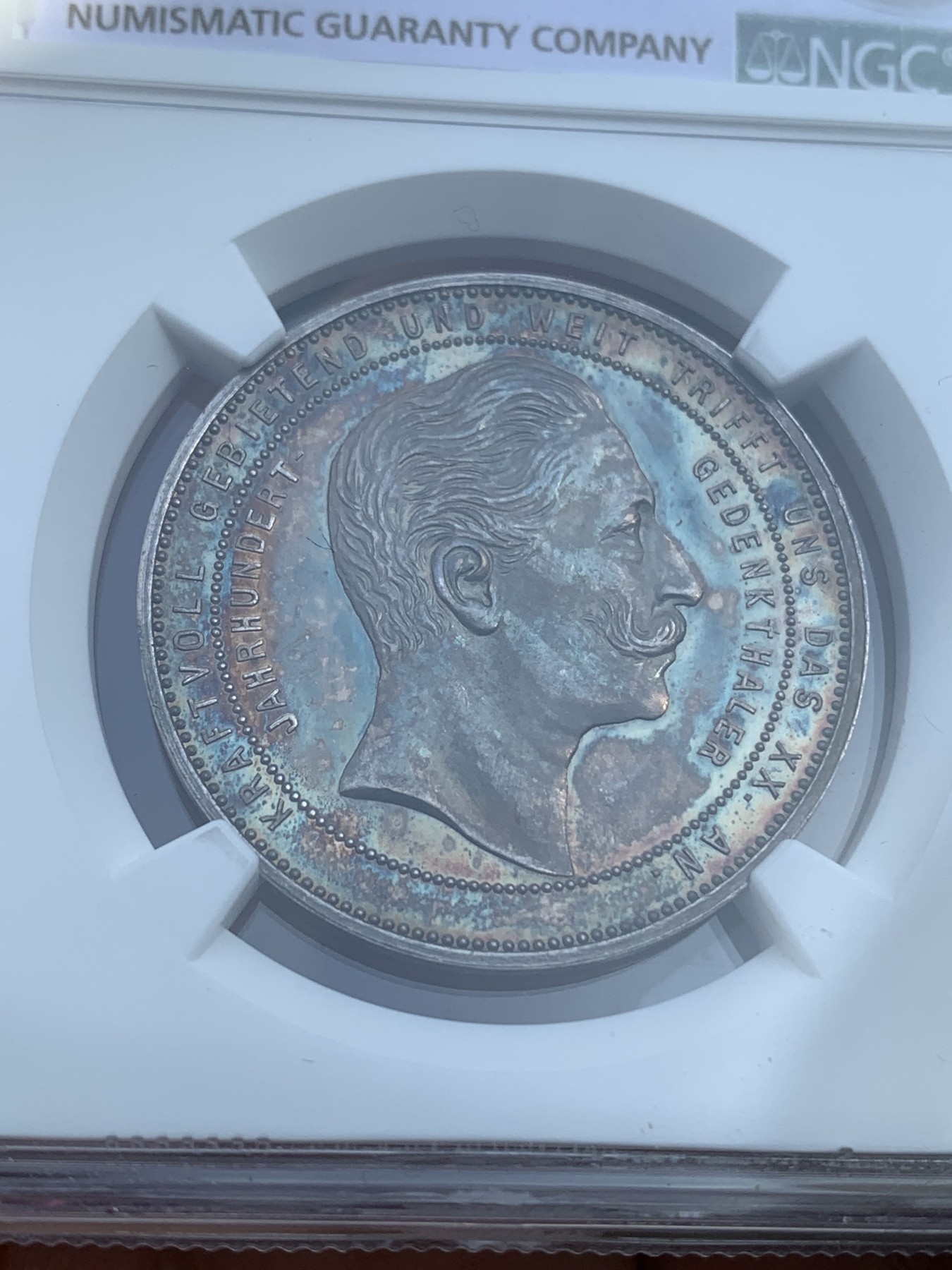 《竞宝斋》第216场-周日，周一 2场 (全场包邮) NGC MS63 德国1900年新世纪纪念银章 威廉一世 威廉二世双人像 双面五彩包浆 非常漂亮 不常见的品种
