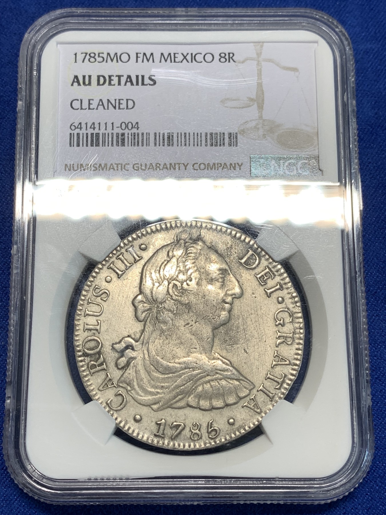 《竞宝斋》第216场-周日，周一 2场 (全场包邮) NGC AU 墨西哥 1785年8R MOFM 卡洛斯三世人像双柱银币