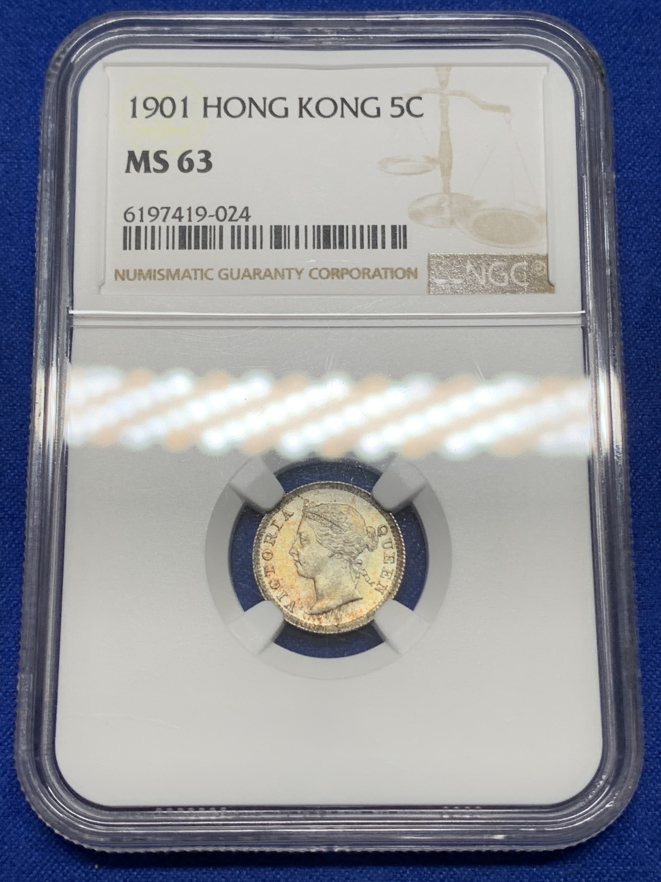 《竞宝斋》第216场-周日，周一 2场 (全场包邮) NGC MS63 香港 1901年 维多利亚 5仙 银币 双面无彩包浆