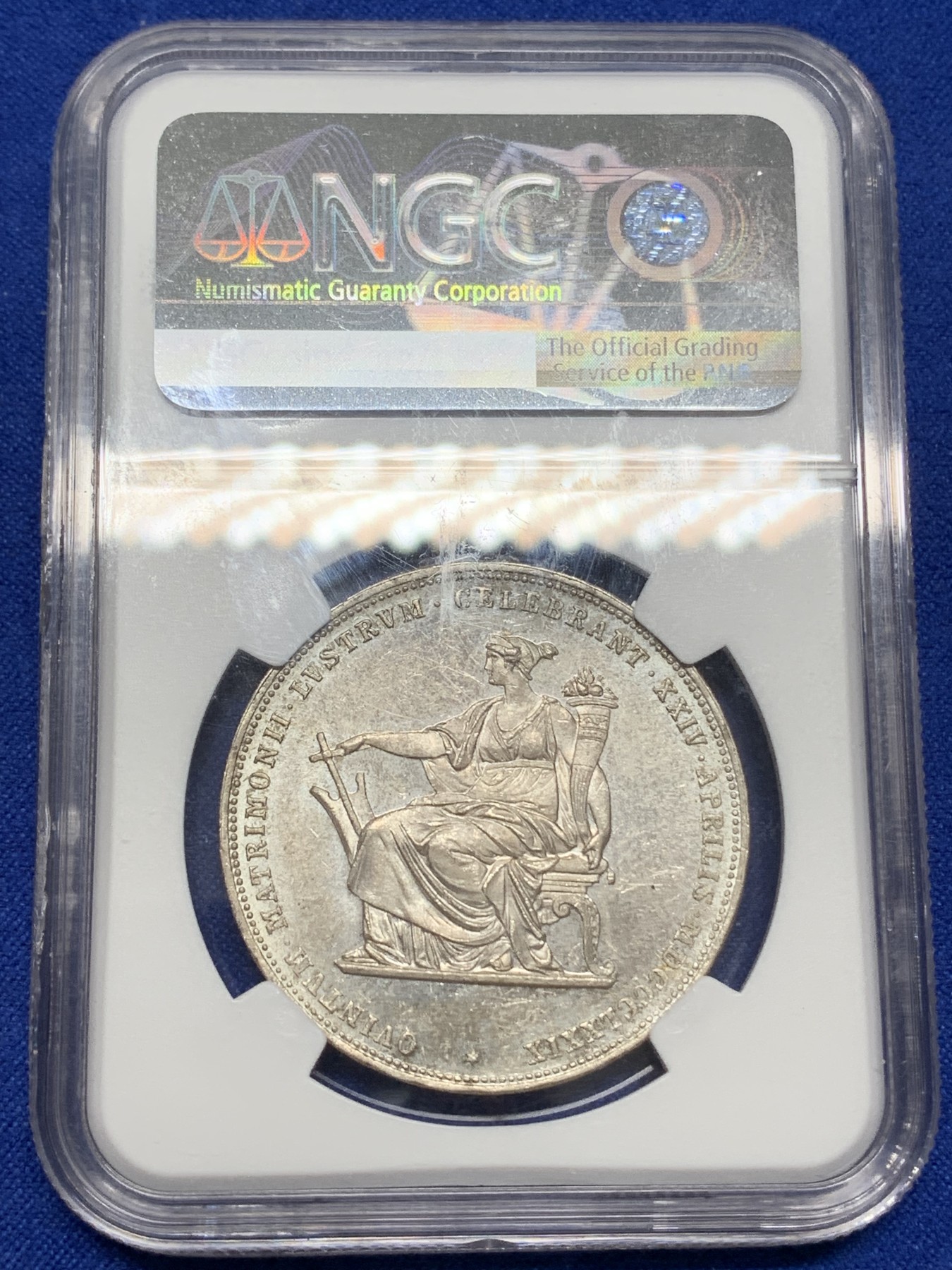 《竞宝斋》第216场-周日，周一 2场 (全场包邮) NGC-MS63 奥地利1879年茜茜公主结婚纪念 2福林=1泰勒 双面淡彩包浆 PL底板 感觉低评了