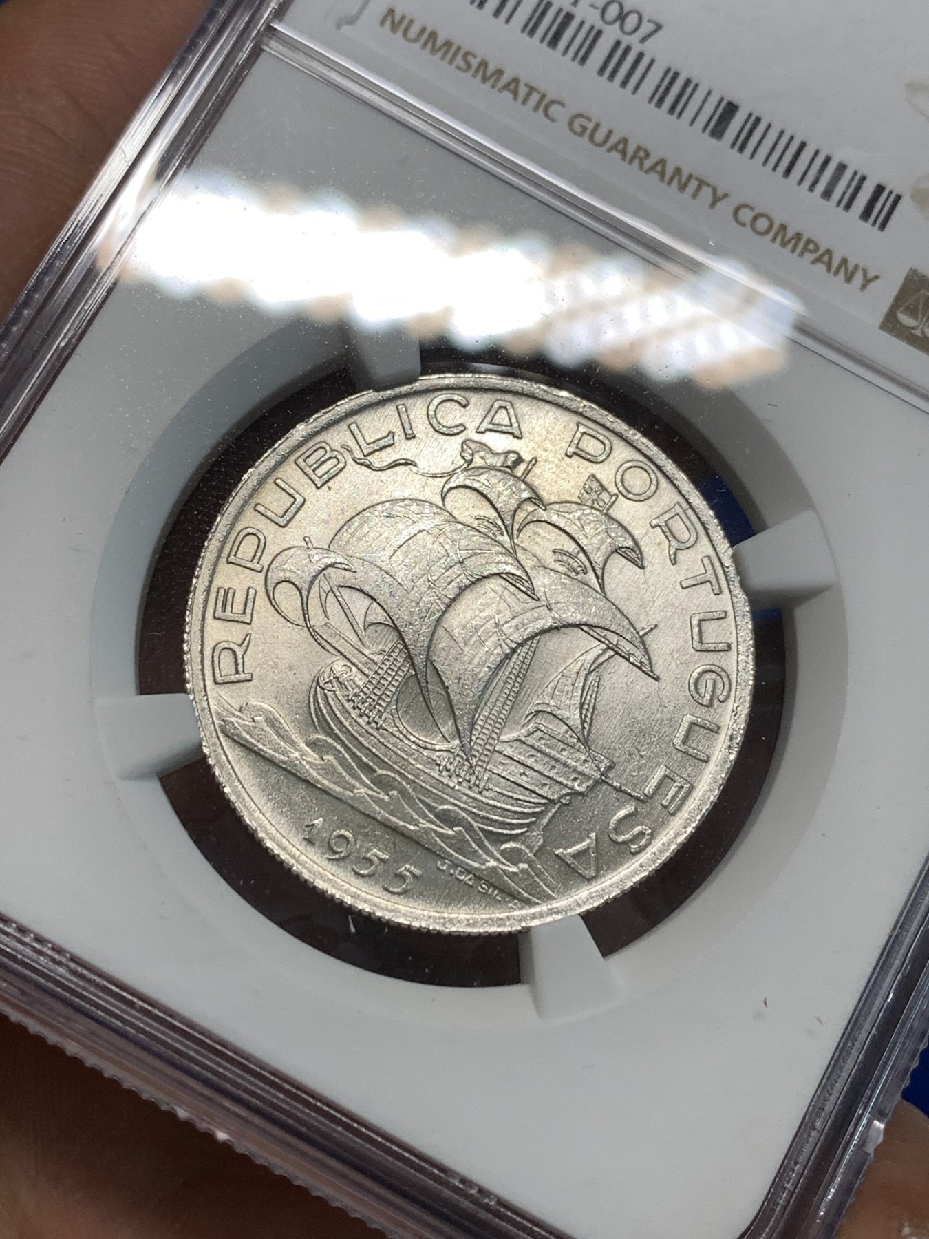 《竞宝斋》第216场-周日，周一 2场 (全场包邮) NGC MS65 葡萄牙1955年大帆船10埃斯库多银币