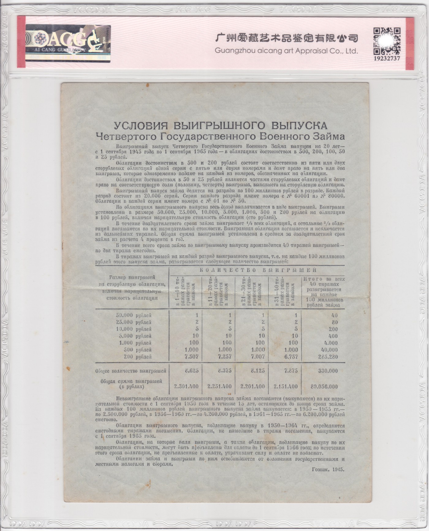 苏联（WWII债券）1945年100卢布 爱藏评级55e