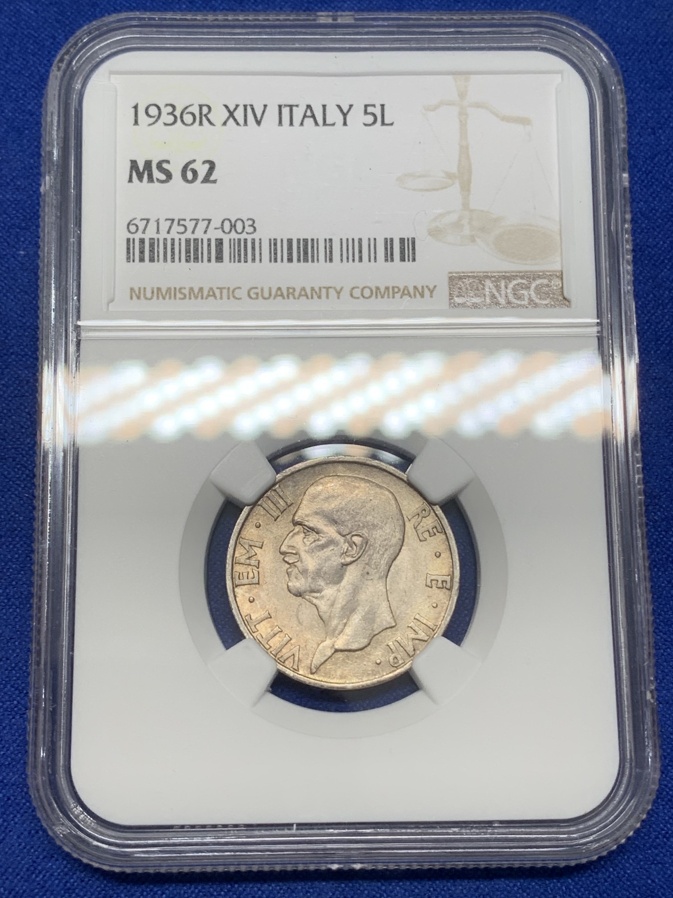 《竞宝斋》第216场-周日，周一 2场 (全场包邮) NGC-MS62 意大利 1936年 5里拉银币 红色淡五彩包浆 币面丝滑，略有低评