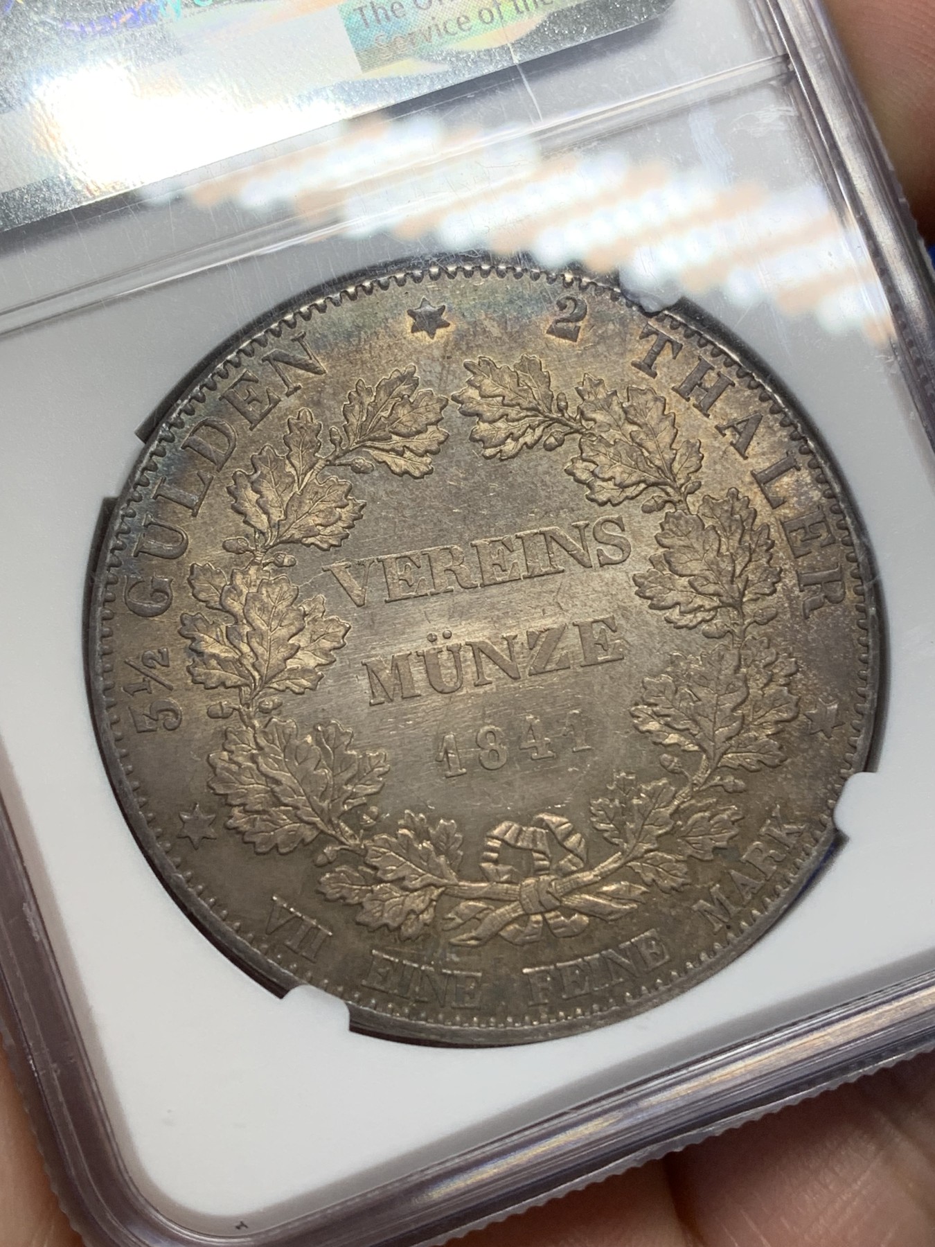 《竞宝斋》第216场-周日，周一 2场 (全场包邮) 冠军分 NGC-MS63  德国 黑森-达姆施塔特 1841年 2泰勒 大银币 （重达37克）PL底板闪亮品种
