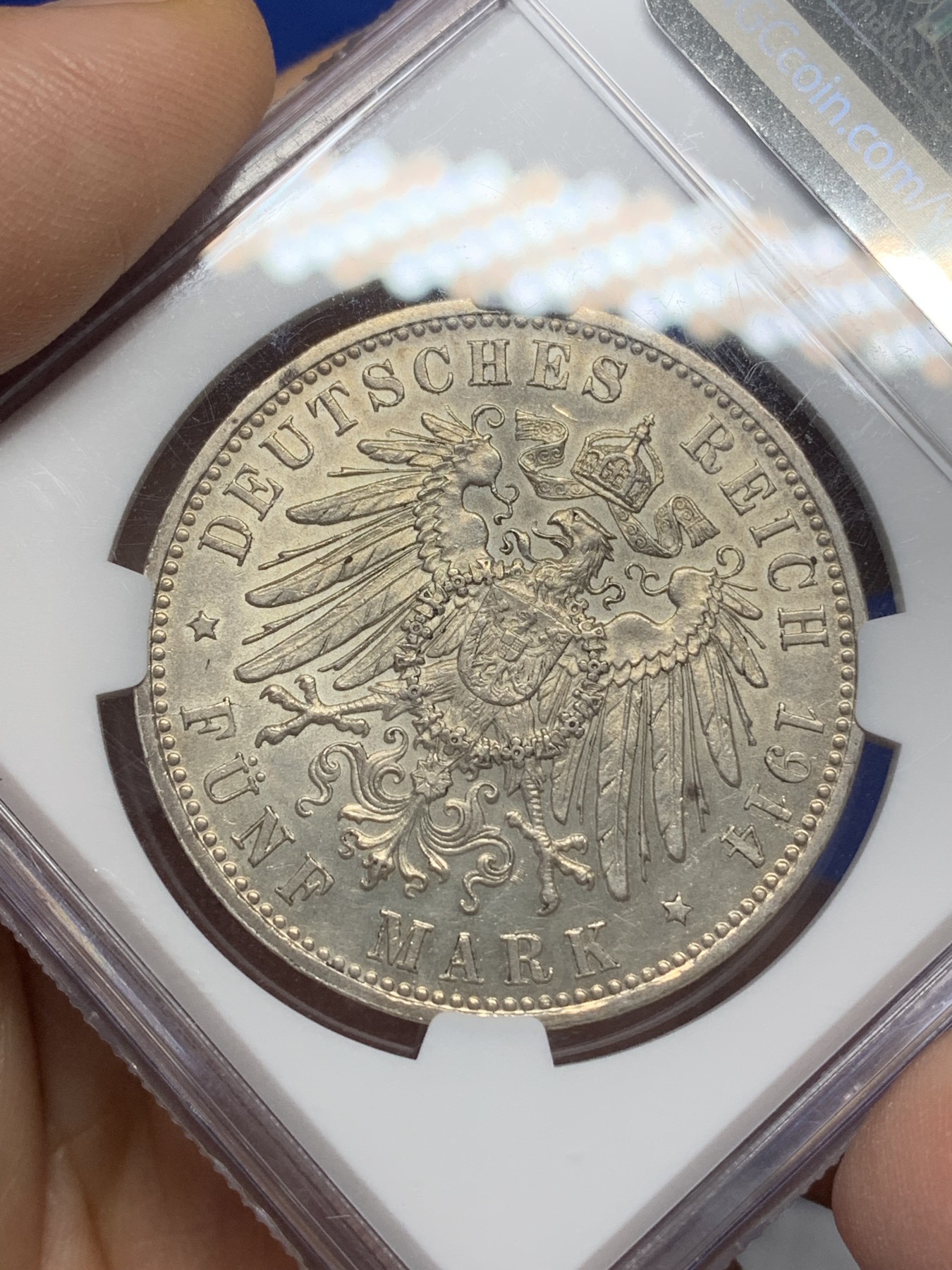 《竞宝斋》第216场-周日，周一 2场 (全场包邮) NGC-UNCD 德国 1914年 巴伐利亚路德维希 5马克银币 黄油包浆,可惜边道有点磕,币面状态和62,63差不多