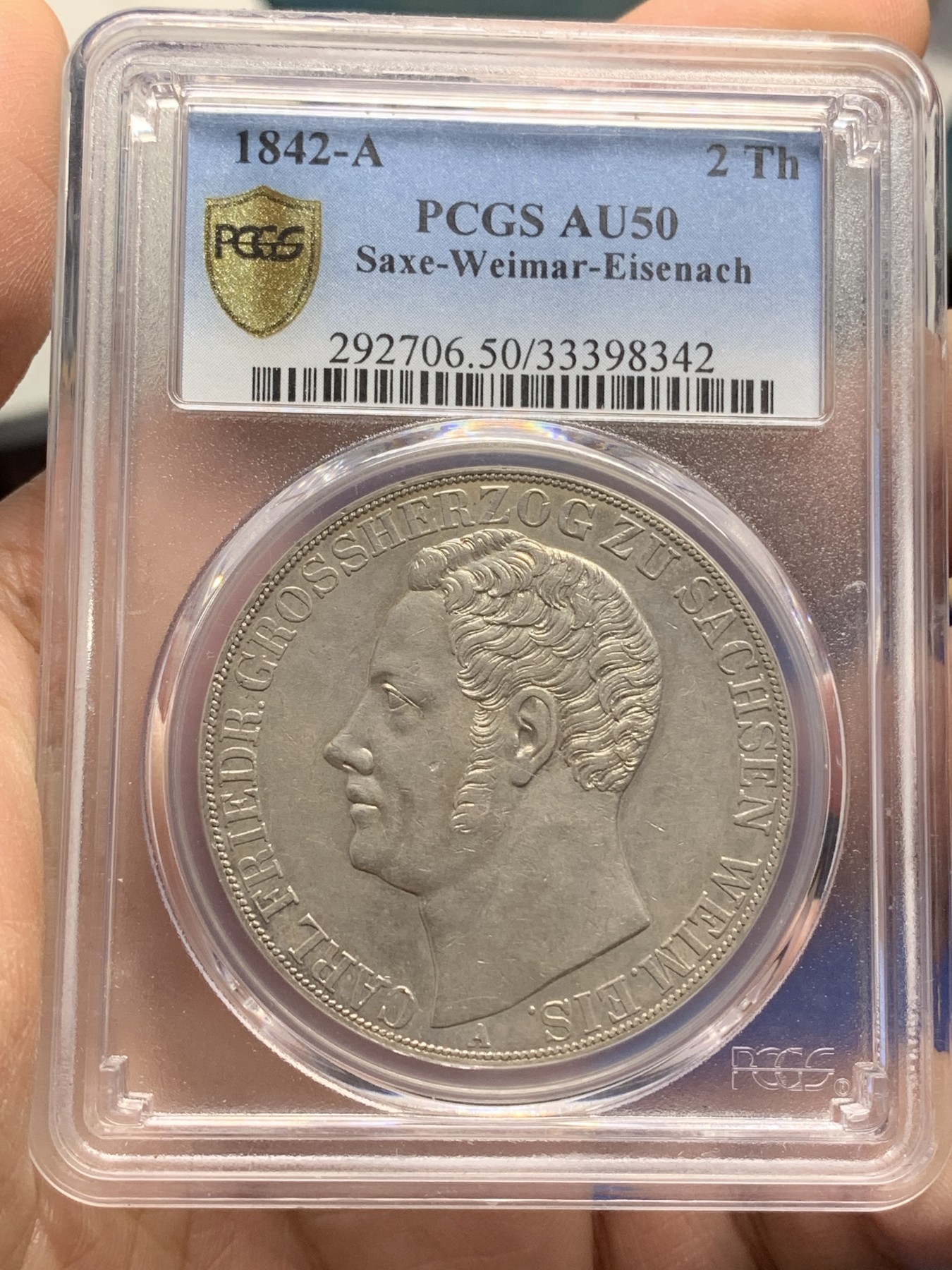《竞宝斋》第216场-周日，周一 2场 (全场包邮) PCGS AU50 德国 1842 萨克森-魏玛-艾森纳赫2泰勒 十分少见的小邦品种， 底板平整细节保存的非常好