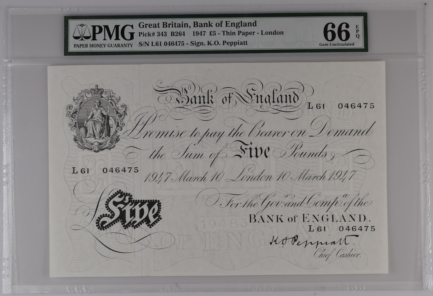 收藏联盟Quantum Auction 第305期拍卖  英国1947年白色5镑 PMG66 大票幅 稀缺品种 