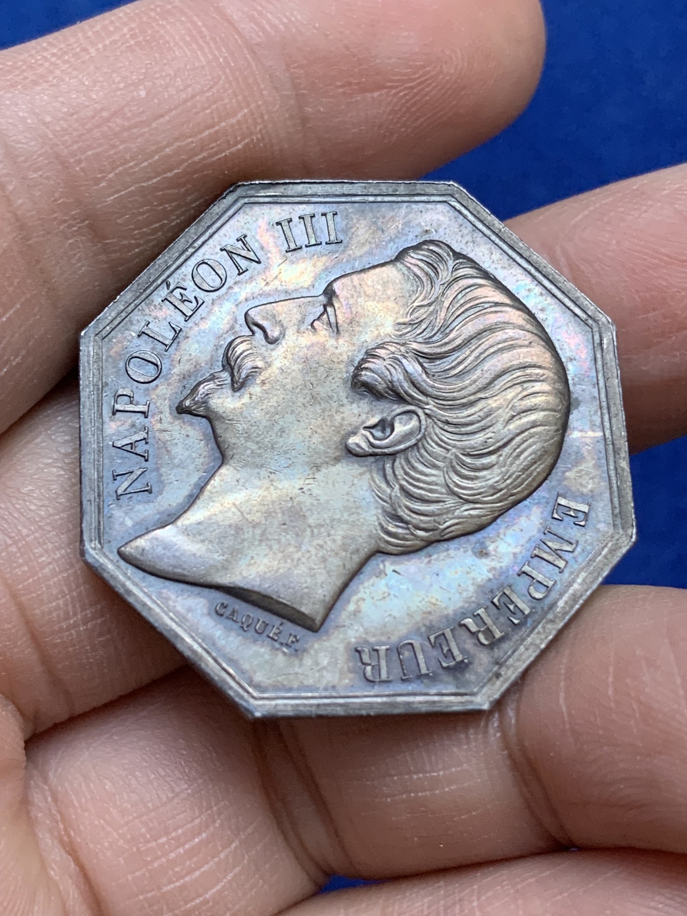 《竞宝斋》八角与章专场 第217场-周日，周一 2场 (全场包邮) 法国八角银质代币，波尔多商会，20.52g，33.4mm，手指边铭