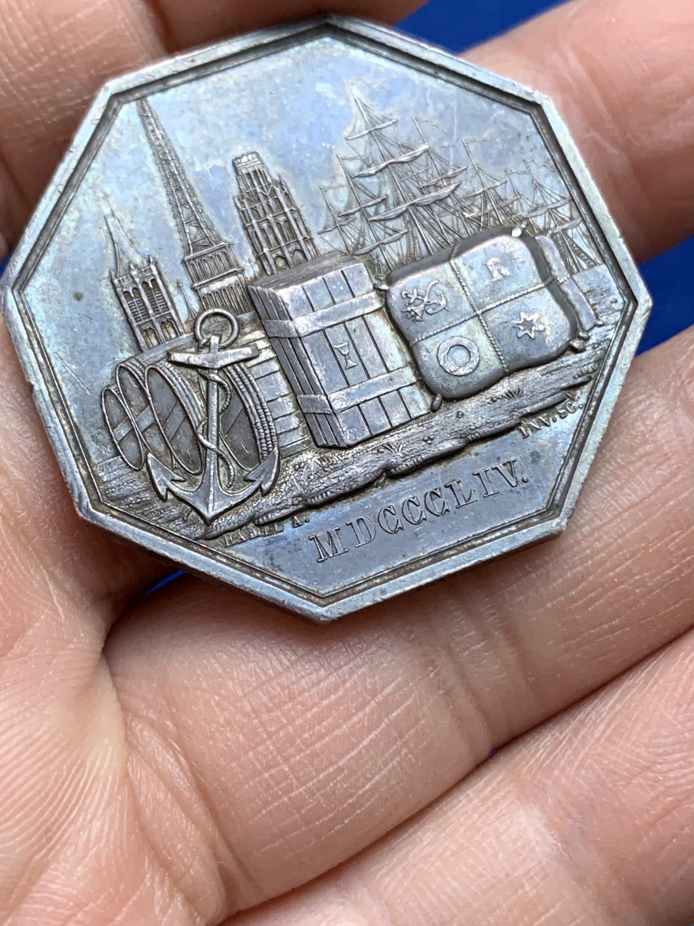 《竞宝斋》八角与章专场 第217场-周日，周一 2场 (全场包邮) 法国八角银章，鲁昂省级折扣银行，19.66g，36.1mm，蜜蜂边铭