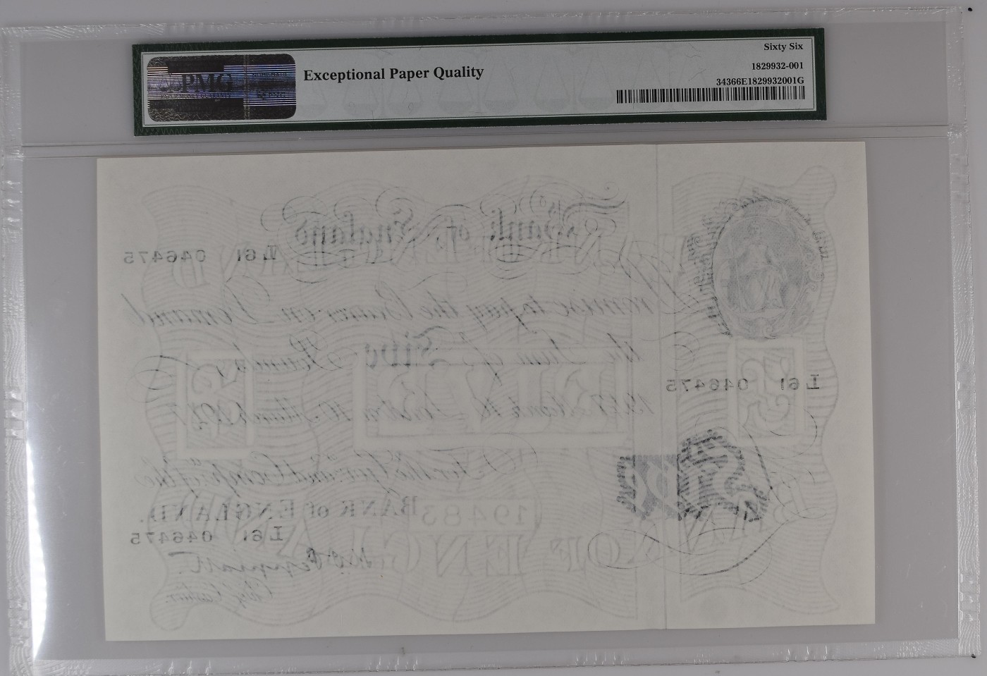 收藏联盟Quantum Auction 第305期拍卖  英国1947年白色5镑 PMG66 大票幅 稀缺品种 