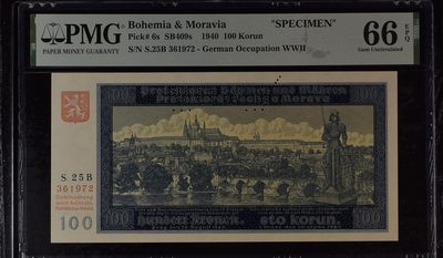 收藏联盟Quantum Auction 第305期拍卖  - 波西米亚和摩拉维亚1940年100克朗样票 PMG66