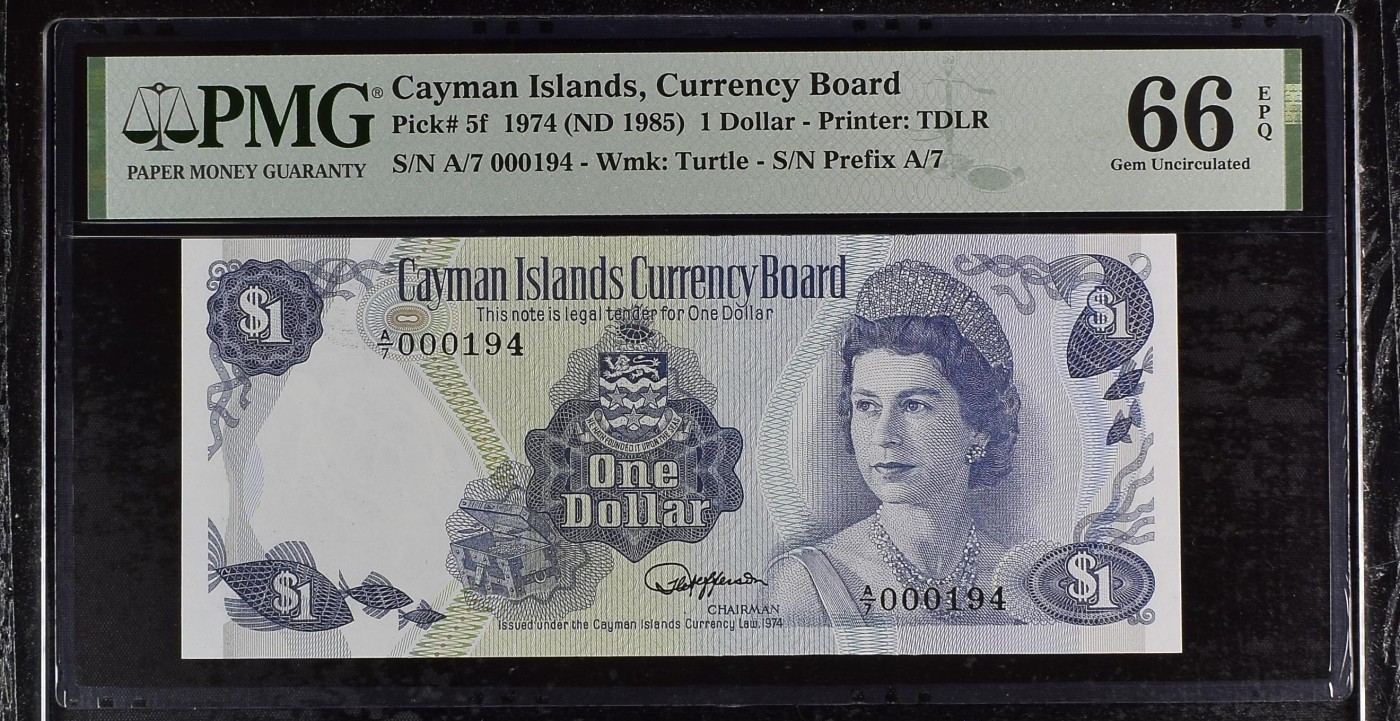 收藏联盟Quantum Auction 第305期拍卖  开曼群岛1974 (ND 1985)年1元 PMG66 百位号
