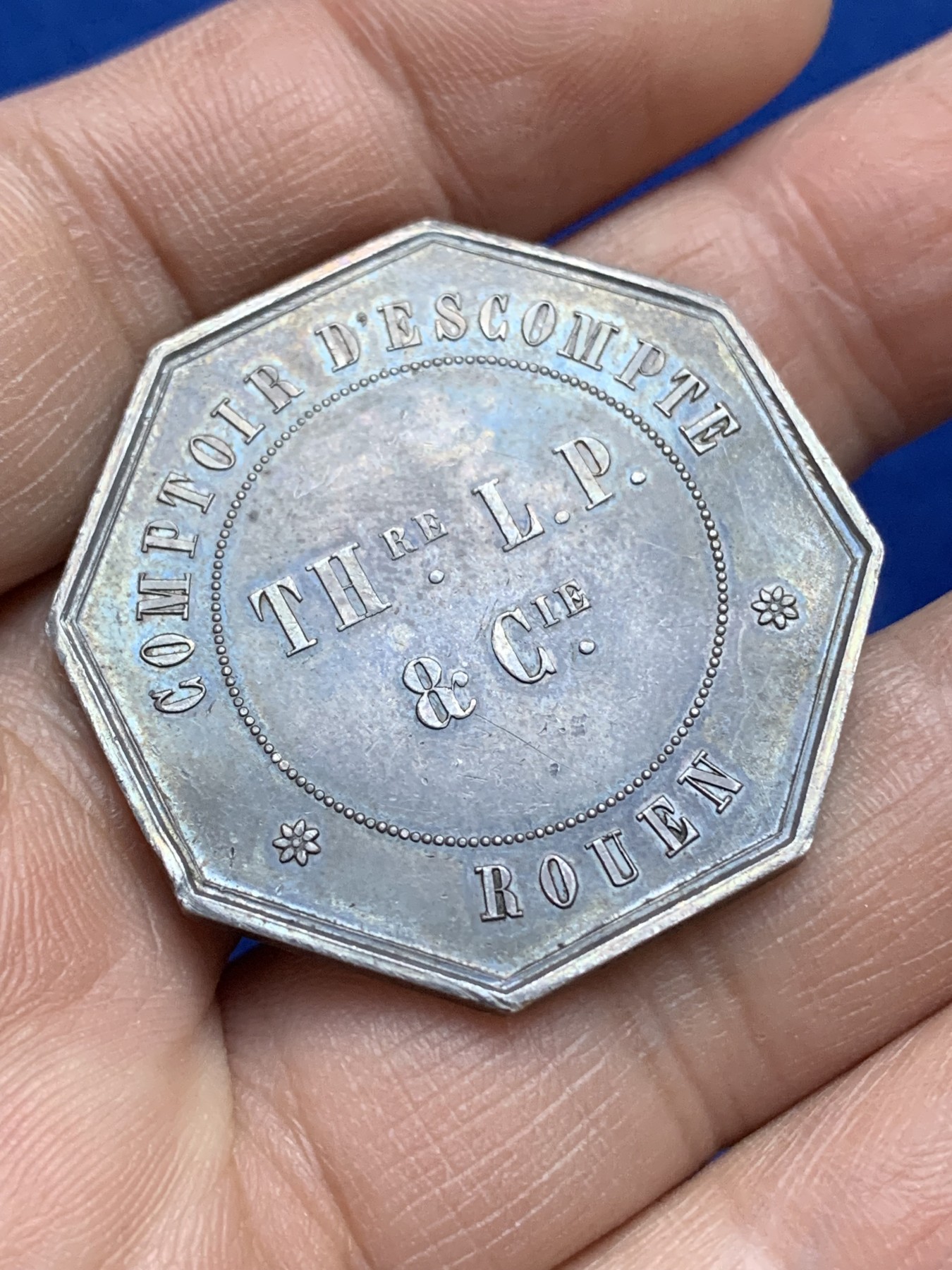 《竞宝斋》八角与章专场 第217场-周日，周一 2场 (全场包邮) 法国八角银章，鲁昂省级折扣银行，19.66g，36.1mm，蜜蜂边铭