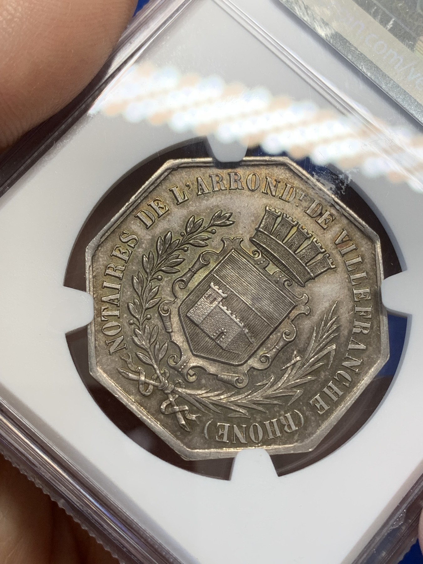 《竞宝斋》八角与章专场 第217场-周日，周一 2场 (全场包邮) NGC MS64 法国 罗纳公证 银质八角代币