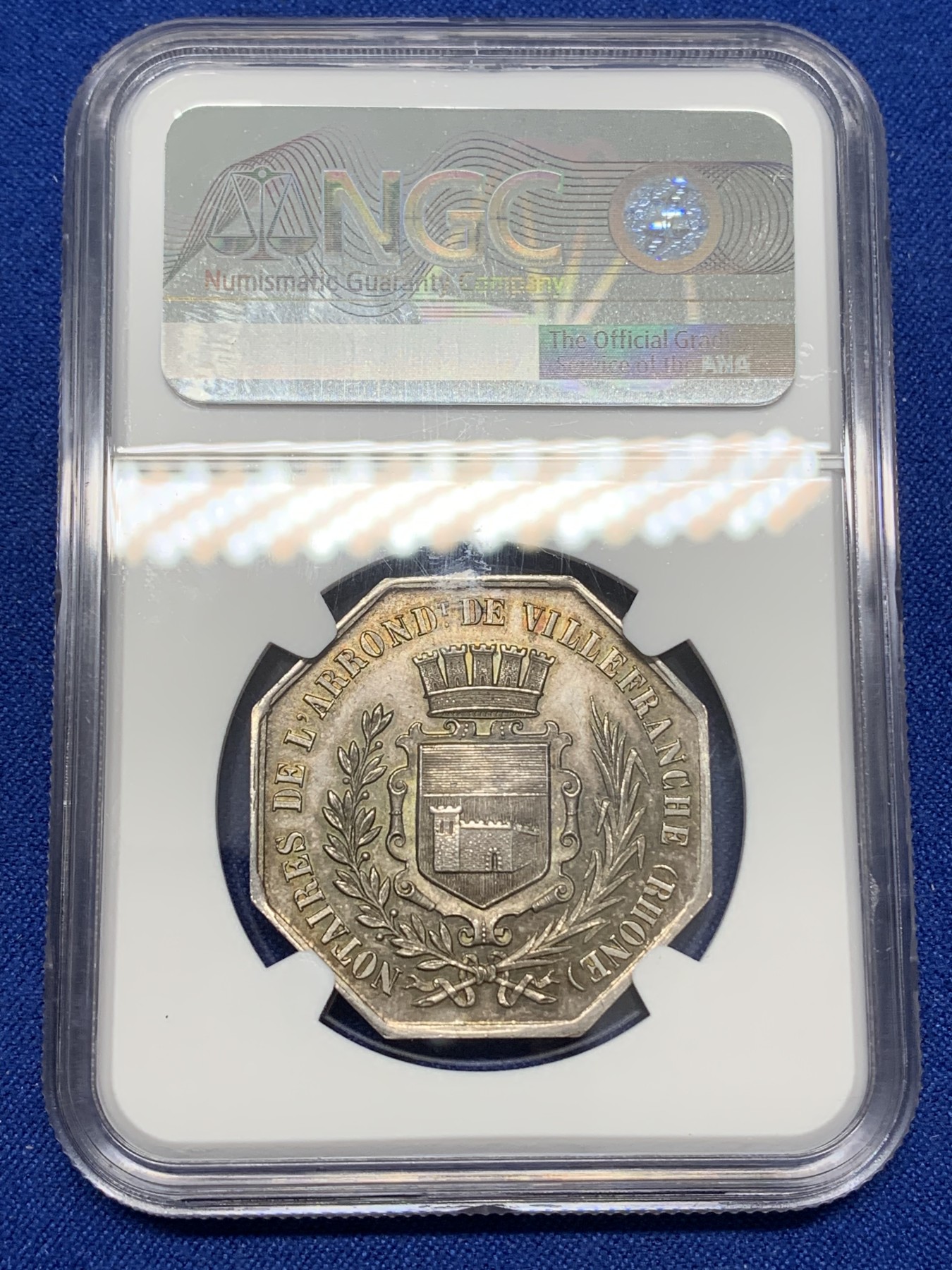 《竞宝斋》八角与章专场 第217场-周日，周一 2场 (全场包邮) NGC MS64 法国 罗纳公证 银质八角代币