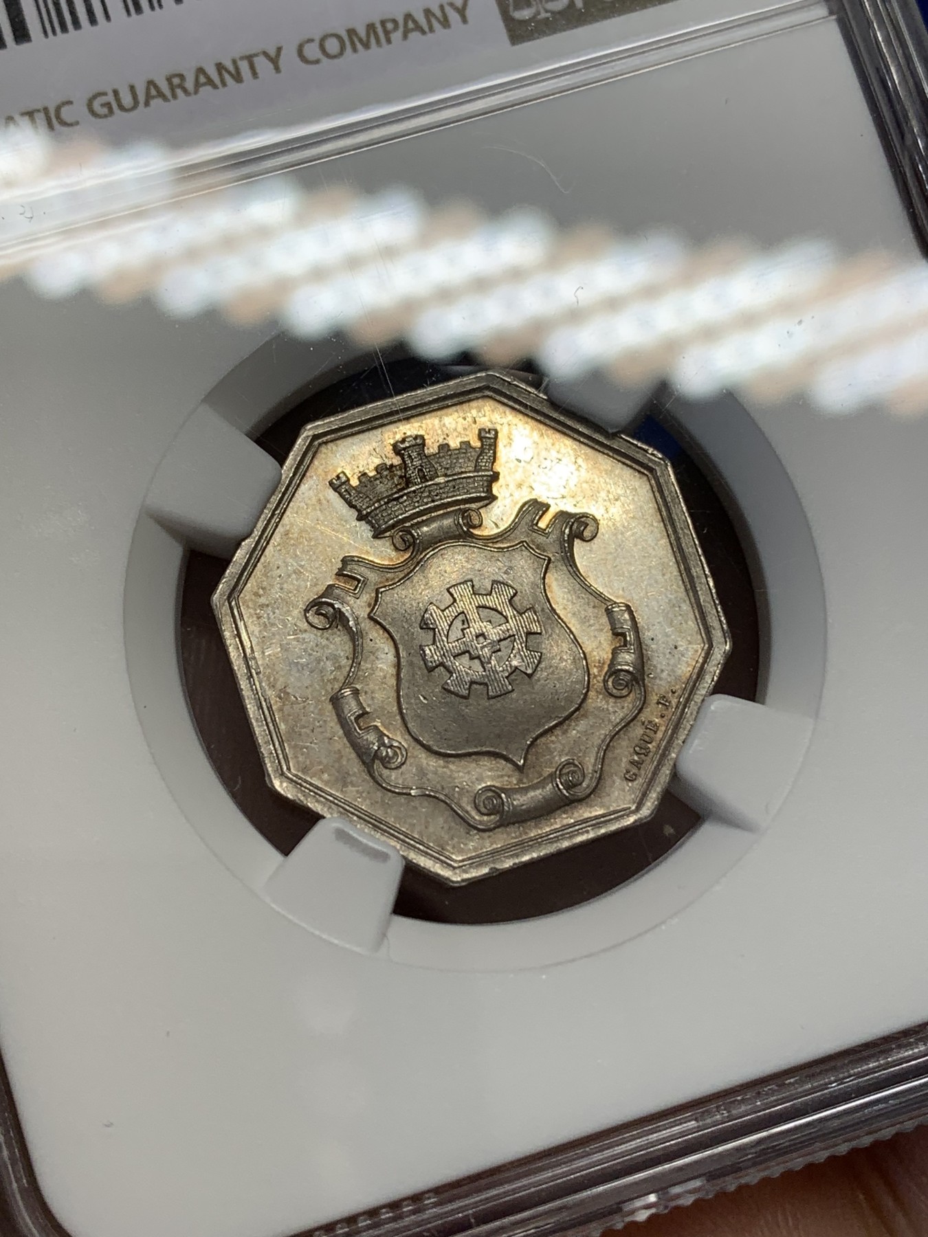 《竞宝斋》八角与章专场 第217场-周日，周一 2场 (全场包邮) NGC MS62 法国 1844 牟罗兹折扣商店 银质八角代币