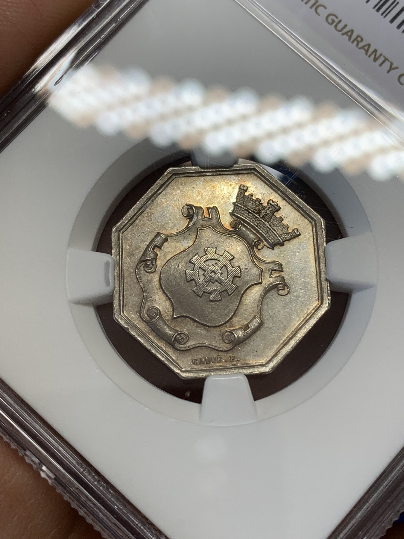 《竞宝斋》八角与章专场 第217场-周日，周一 2场 (全场包邮) NGC MS62 法国 1844 牟罗兹折扣商店 银质八角代币