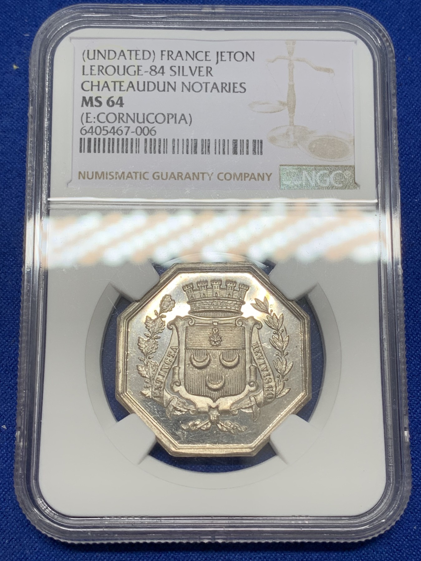 《竞宝斋》八角与章专场 第217场-周日，周一 2场 (全场包邮) NGC-MS64  法国  银质八角代币JETON  城堡公证人  丰饶角边铭