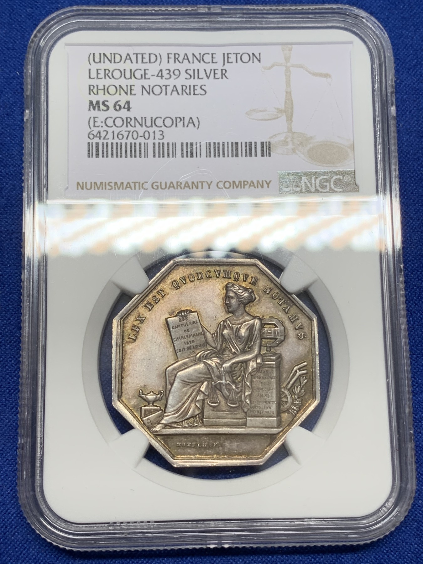 《竞宝斋》八角与章专场 第217场-周日，周一 2场 (全场包邮) NGC MS64 法国 罗纳公证 银质八角代币