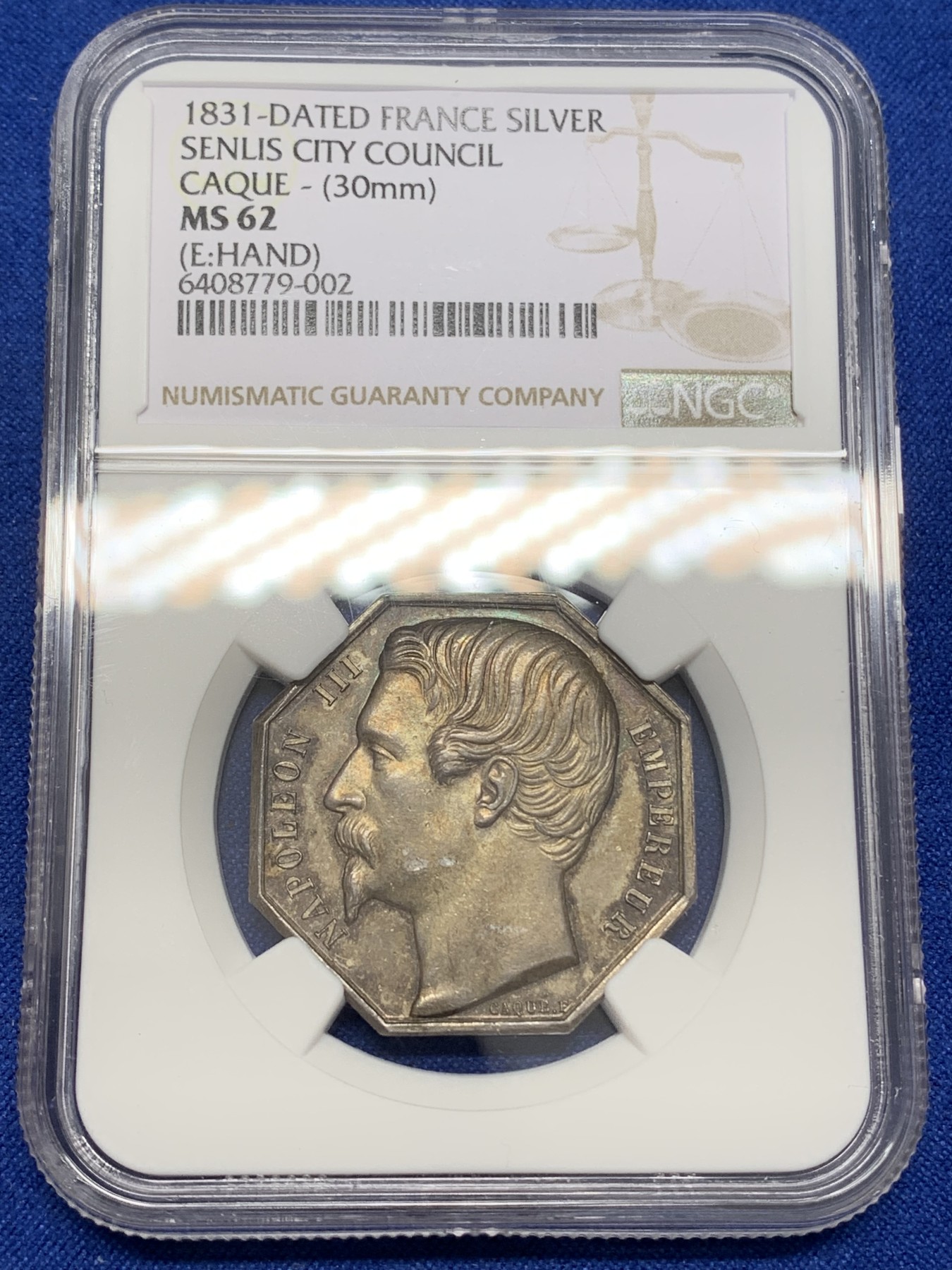 《竞宝斋》八角与章专场 第217场-周日，周一 2场 (全场包邮) NGC-MS62 法国拿三 桑利斯八角代币JETON 银质