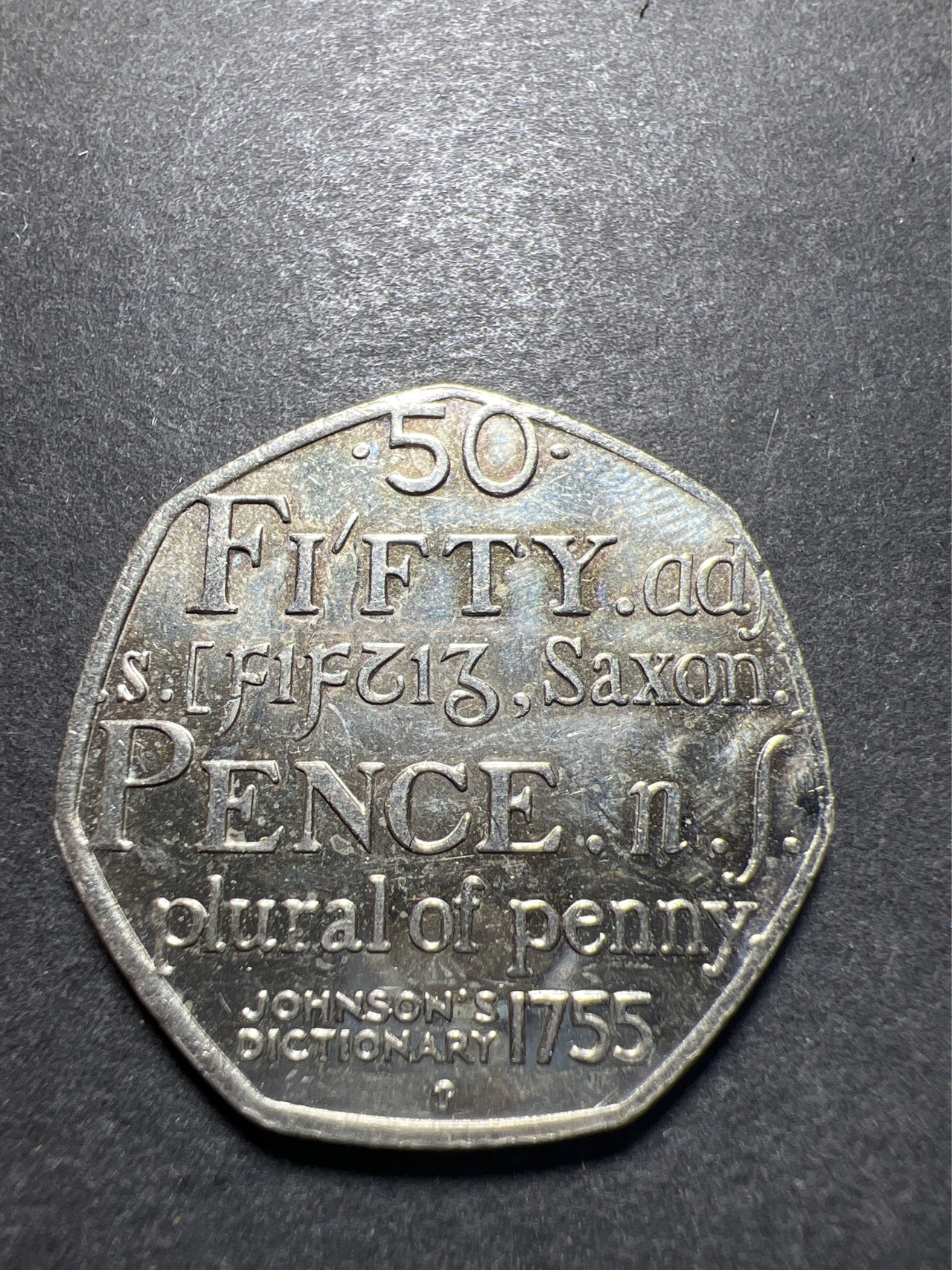 【8个洞收藏】第30场★ 0起1加★硬币专场 新规则实施  英国2005年约翰逊字典发行250周年50便士纪念币镍币