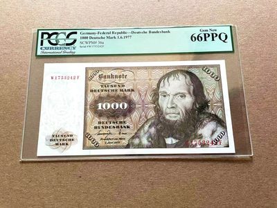 【Blue Auction】✨世界纸币精拍第395期【精】 - 德国 1977年1000马克 经典舍那 雕刻精美 PCGS66EPQ 绿标 