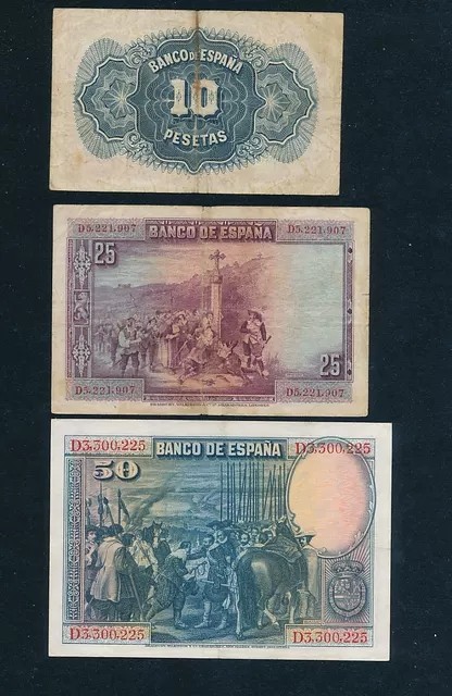 西班牙10.25.50.100.100.500比塞塔一套六张--XF-VF