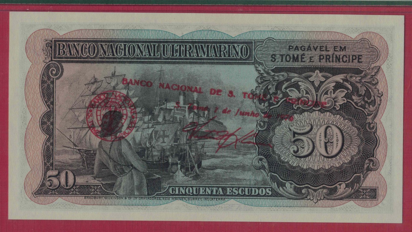 圣多美和普林西比1976年50埃斯库多 P-45 由1958年版改印 非洲纸币 实物图 UNC