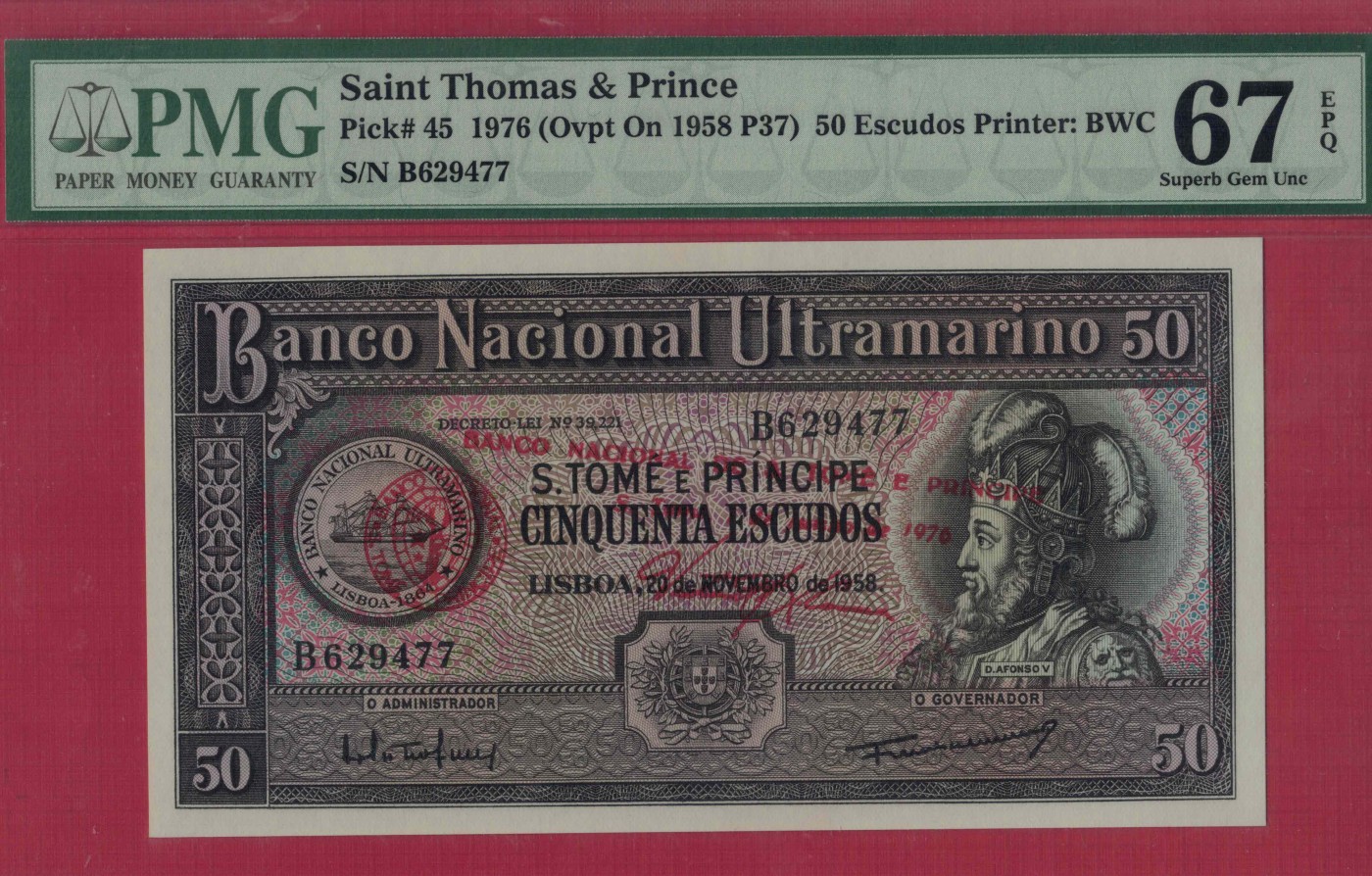 圣多美和普林西比1976年50埃斯库多 P-45 由1958年版改印 非洲纸币 实物图 UNC